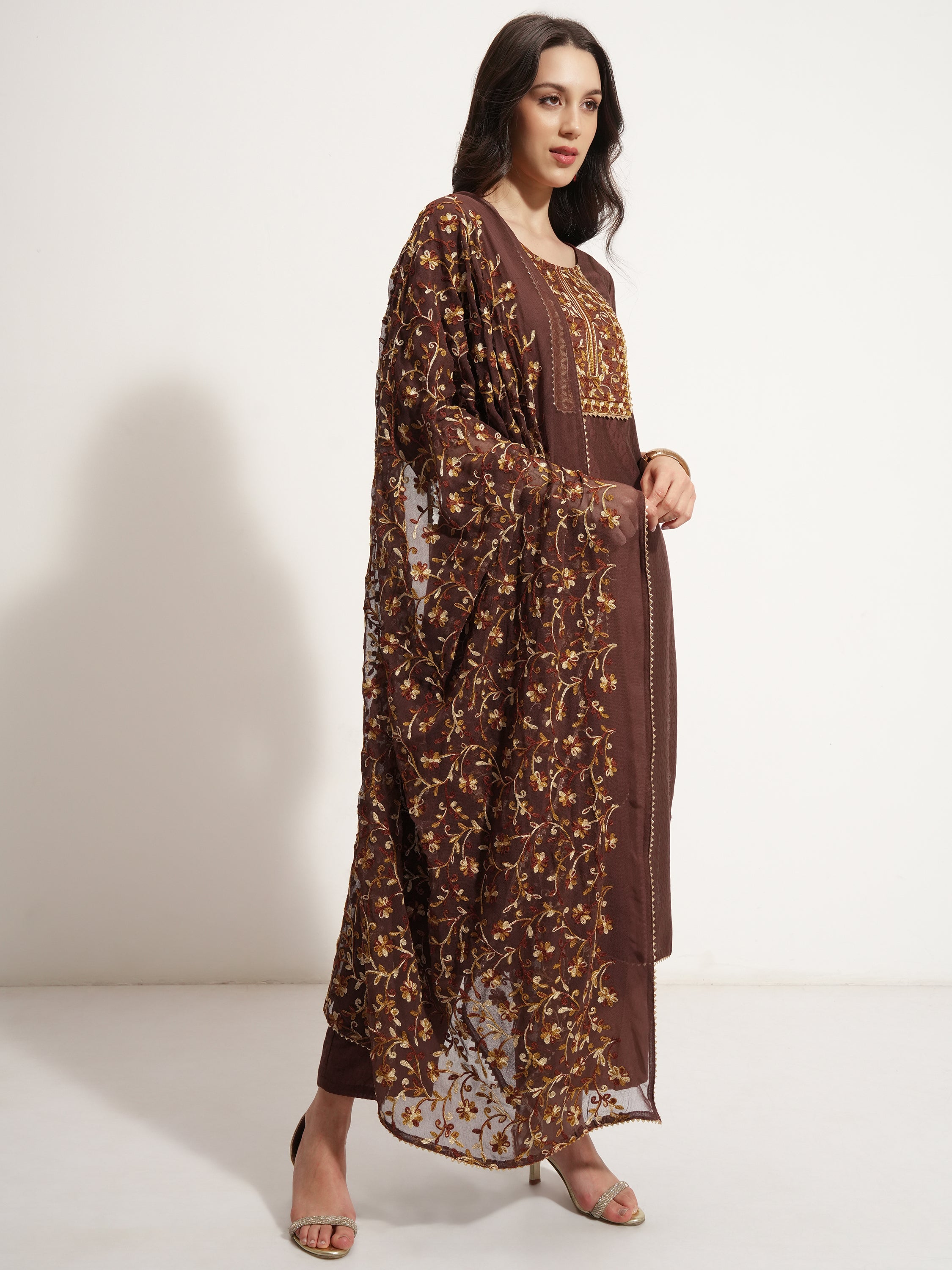 Vishudh Women Brown Embroidered Kurta With Trouser And Dupatta - Brown - Image 6