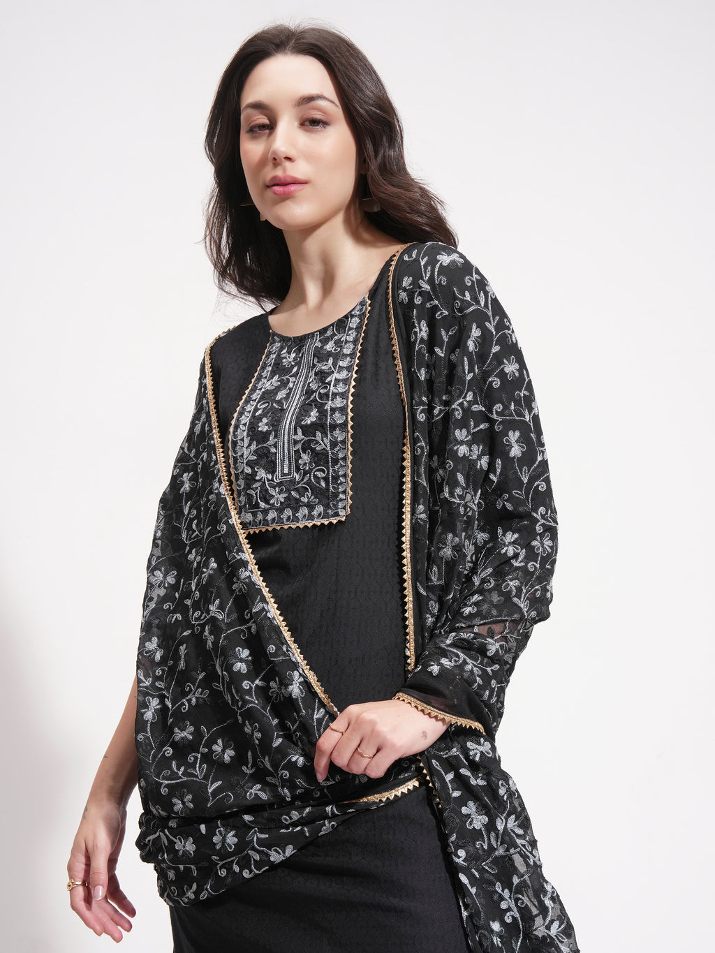 Vishudh Women Black Embroidered Kurta With Trouser And Dupatta - Black - Image 1