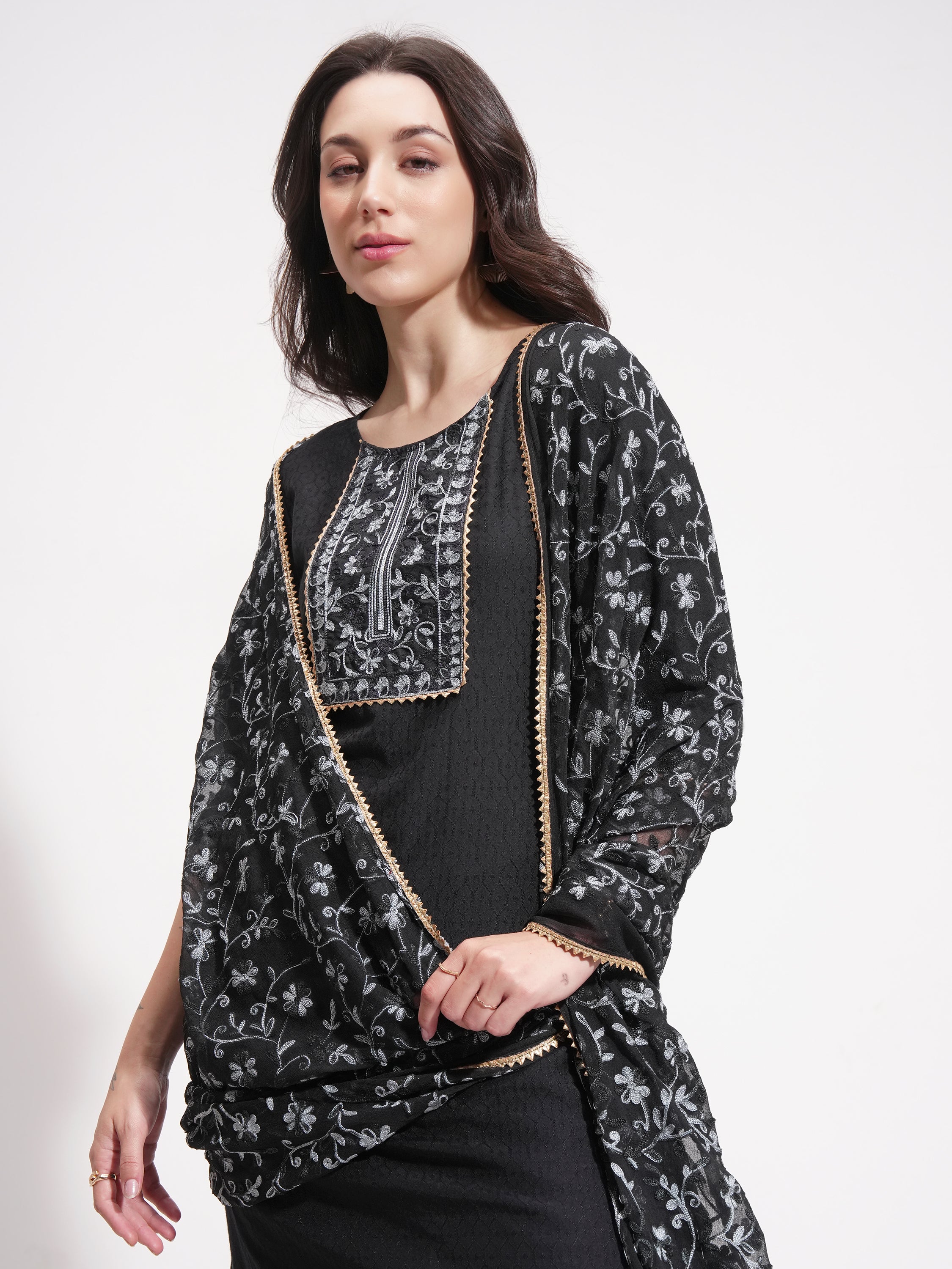 Vishudh Women Black Embroidered Kurta With Trouser And Dupatta - Black - Image 1