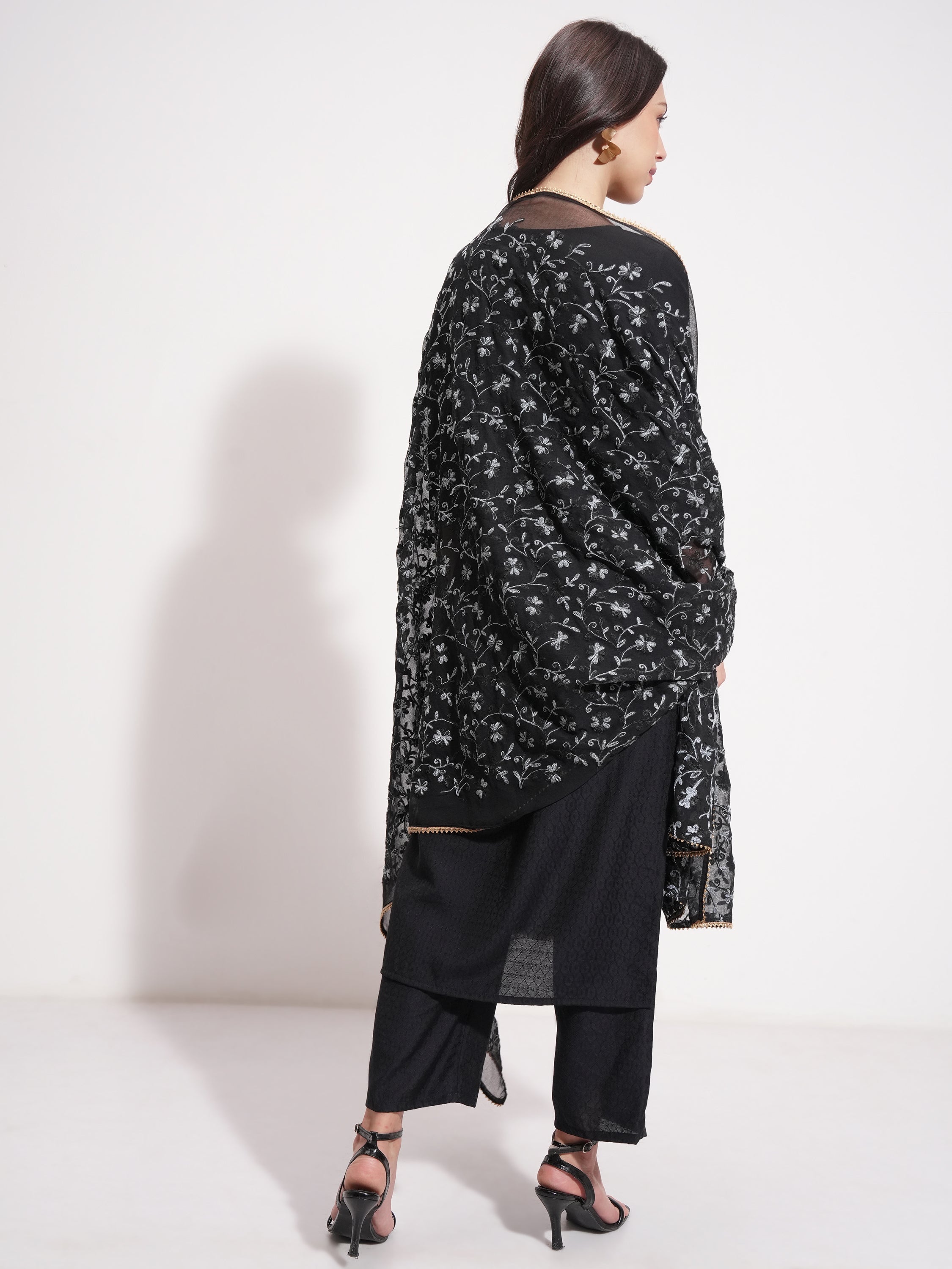Vishudh Women Black Embroidered Kurta With Trouser And Dupatta - Black - Image 3