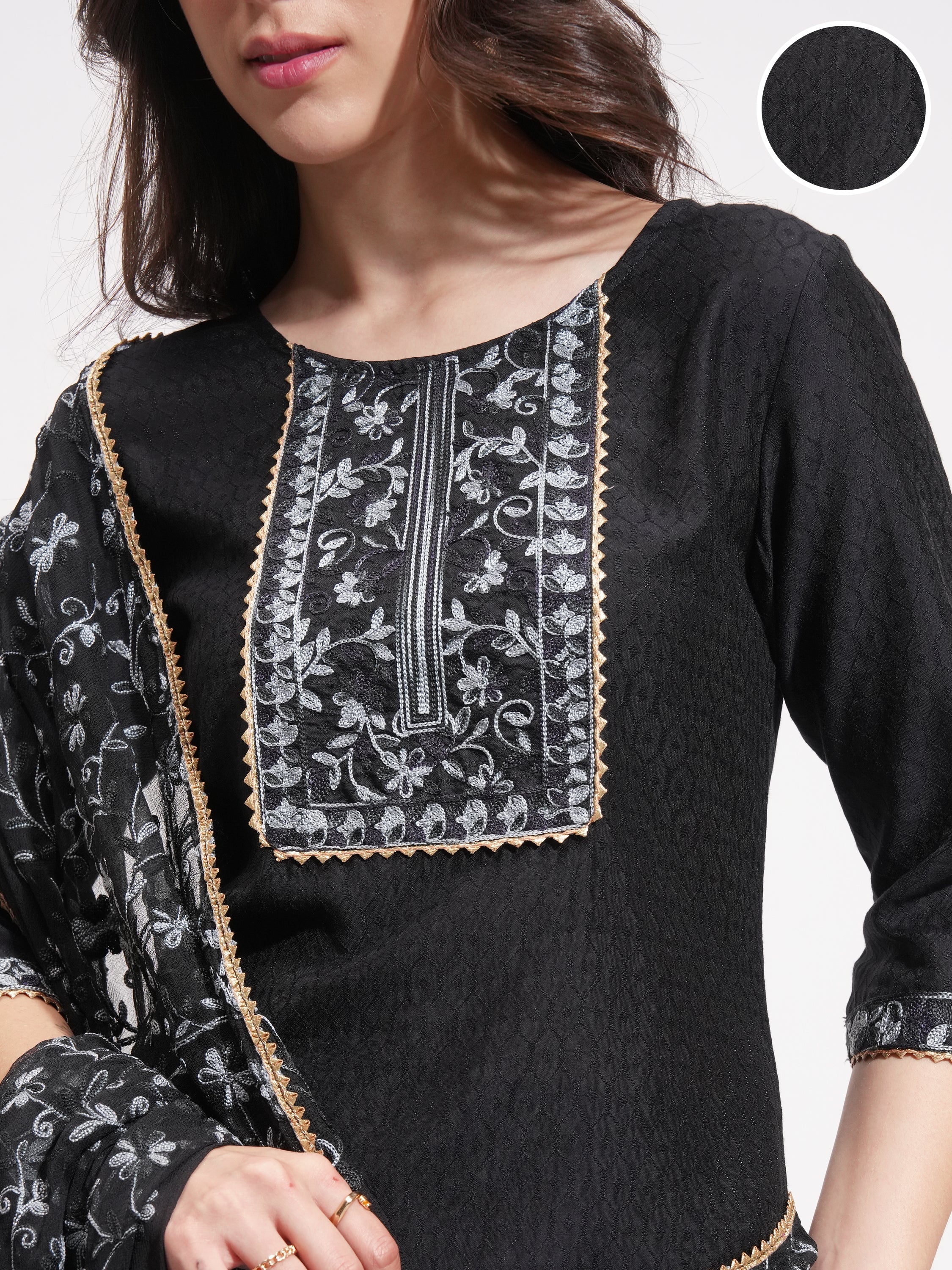 Vishudh Women Black Embroidered Kurta With Trouser And Dupatta - Black - Image 5