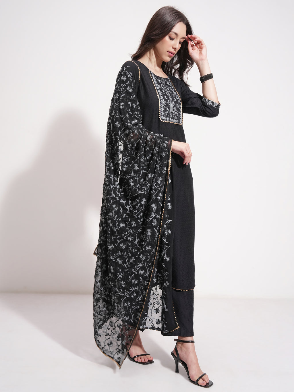 Vishudh Women Black Embroidered Kurta With Trouser And Dupatta - Black - Image 6