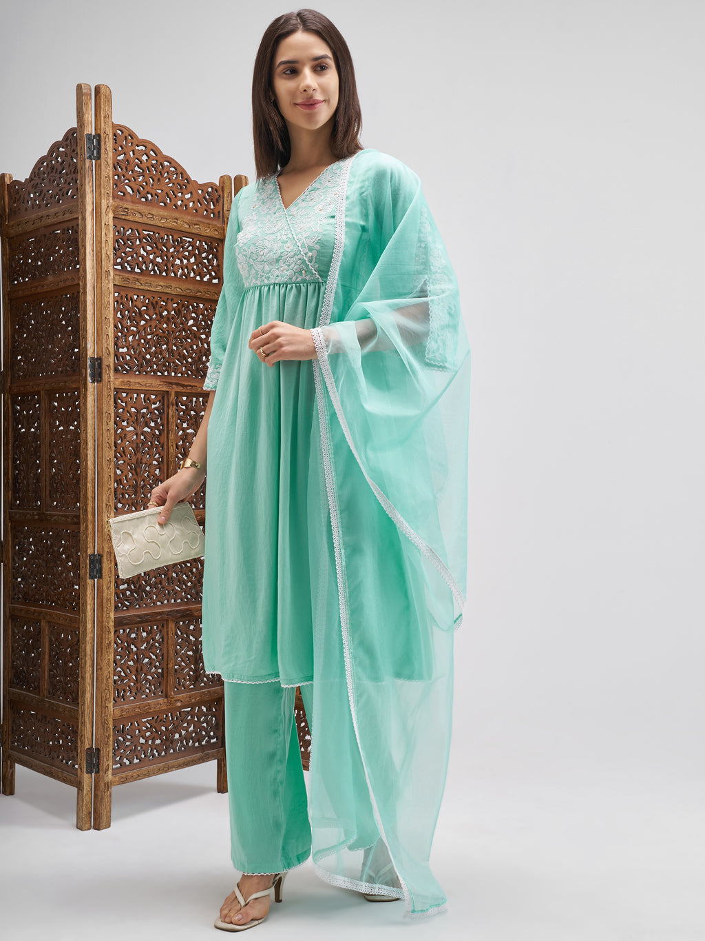 Vishudh Women Green Embroidered Kurta And Palazzo With Dupatta - Green - Image 1