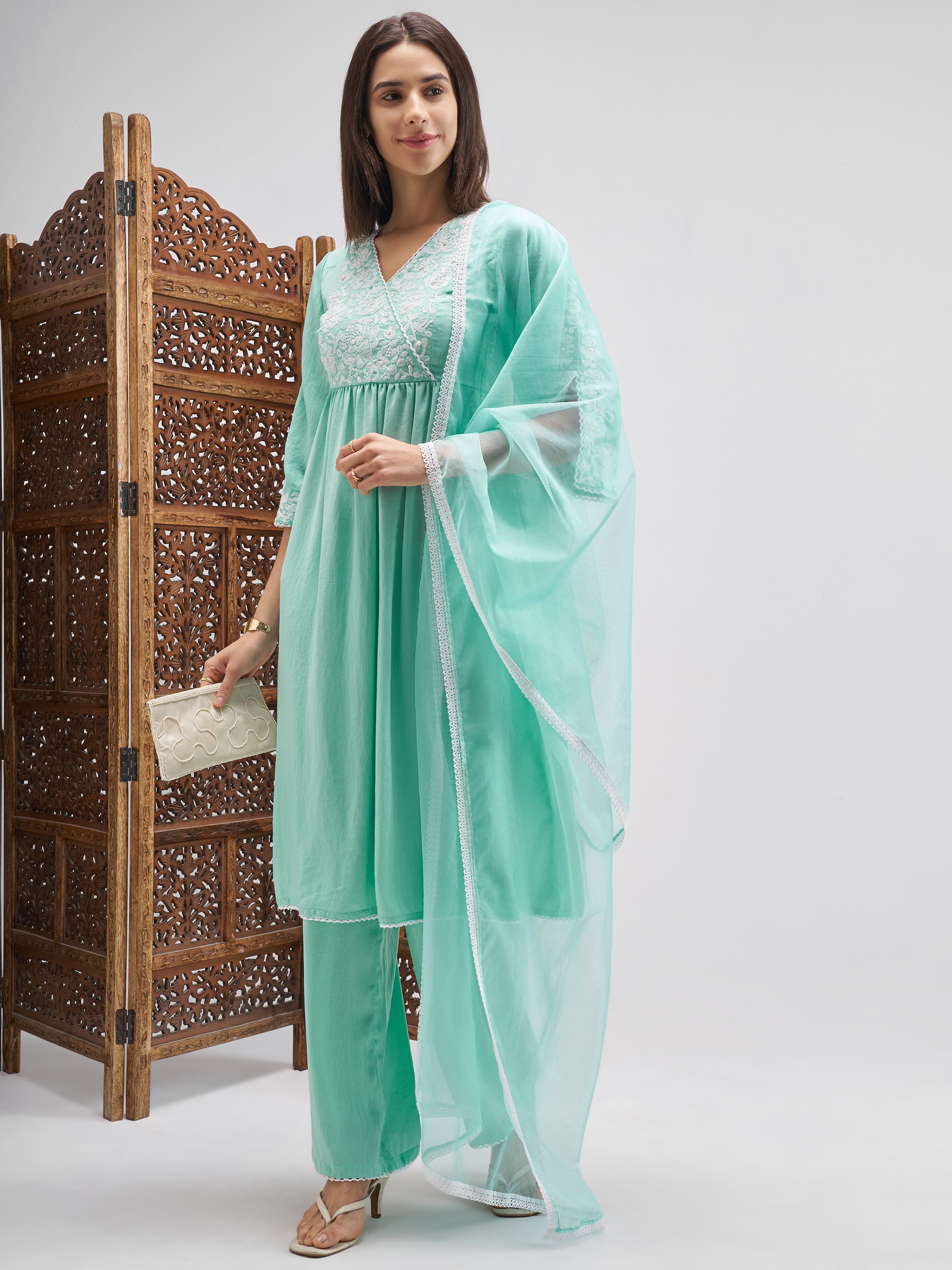 Vishudh Women Green Embroidered Kurta And Palazzo With Dupatta - Green - Image 1