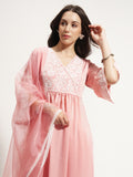 Vishudh Women Pink Embroidered Kurta With Trouser And Dupatta - Pink - Image 1