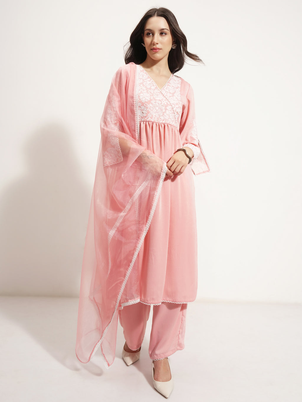 Vishudh Women Pink Embroidered Kurta With Trouser And Dupatta - Pink - Image 2
