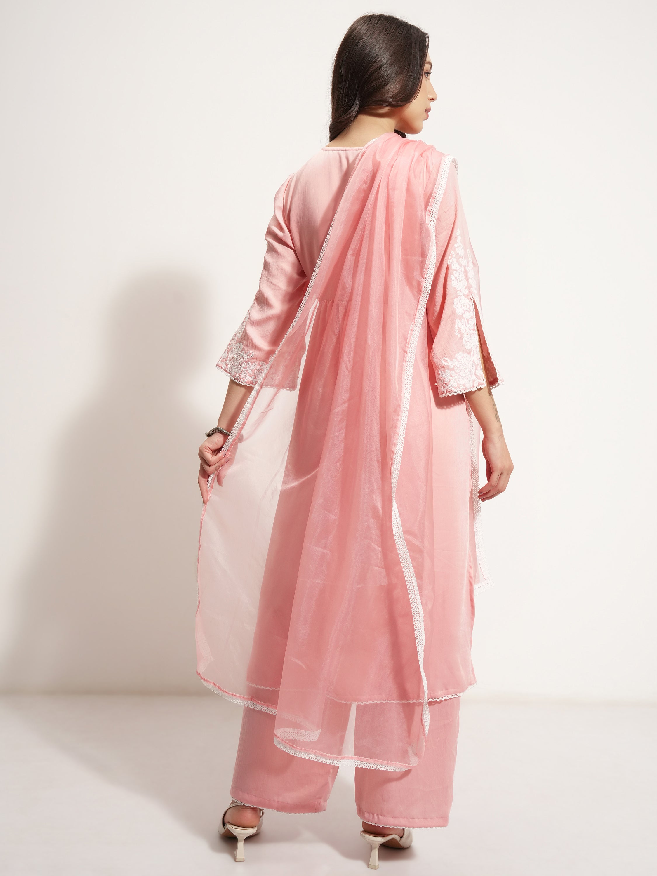 Vishudh Women Pink Embroidered Kurta With Trouser And Dupatta - Pink - Image 3