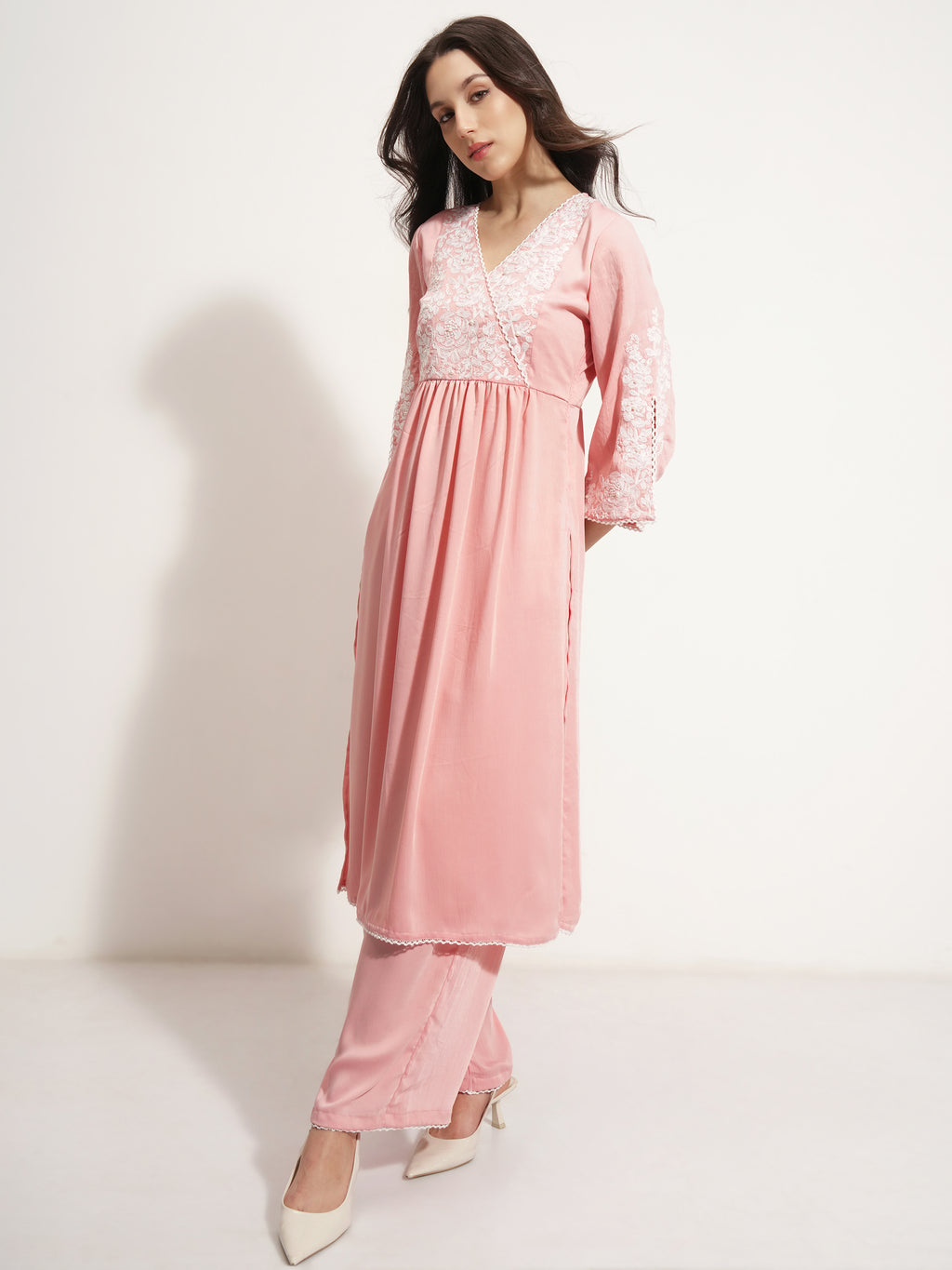Vishudh Women Pink Embroidered Kurta With Trouser And Dupatta - Pink - Image 4
