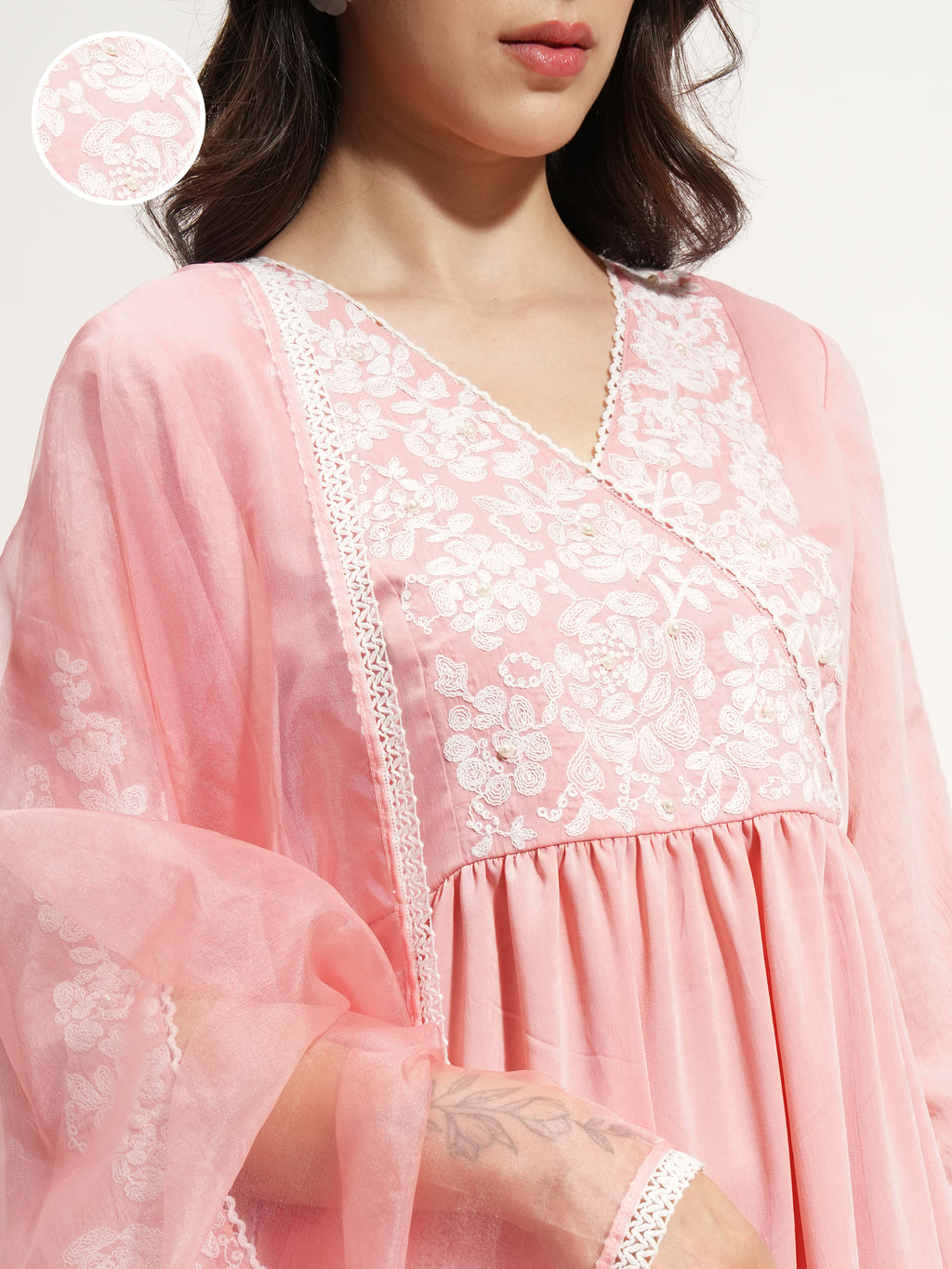 Vishudh Women Pink Embroidered Kurta With Trouser And Dupatta - Pink - Image 5