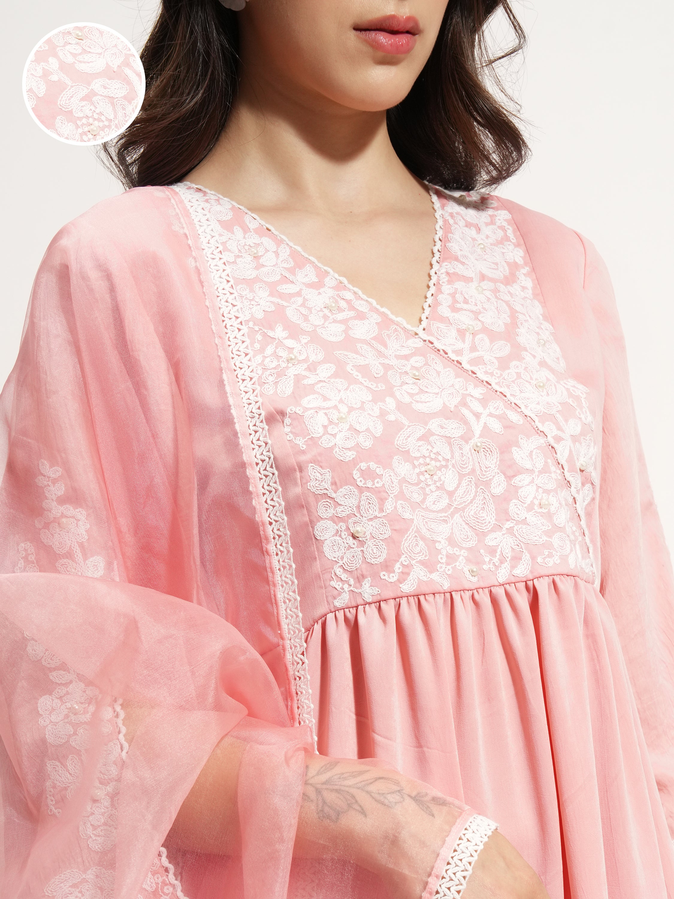Vishudh Women Pink Embroidered Kurta With Trouser And Dupatta - Pink - Image 5