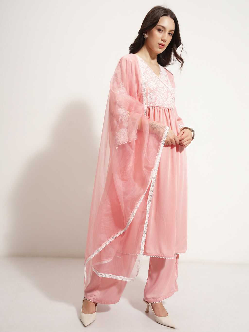 Vishudh Women Pink Embroidered Kurta With Trouser And Dupatta - Pink - Image 6