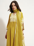 Vishudh Women Mustard Embroidered Kurta With Trouser And Dupatta - Mustard - Image 1