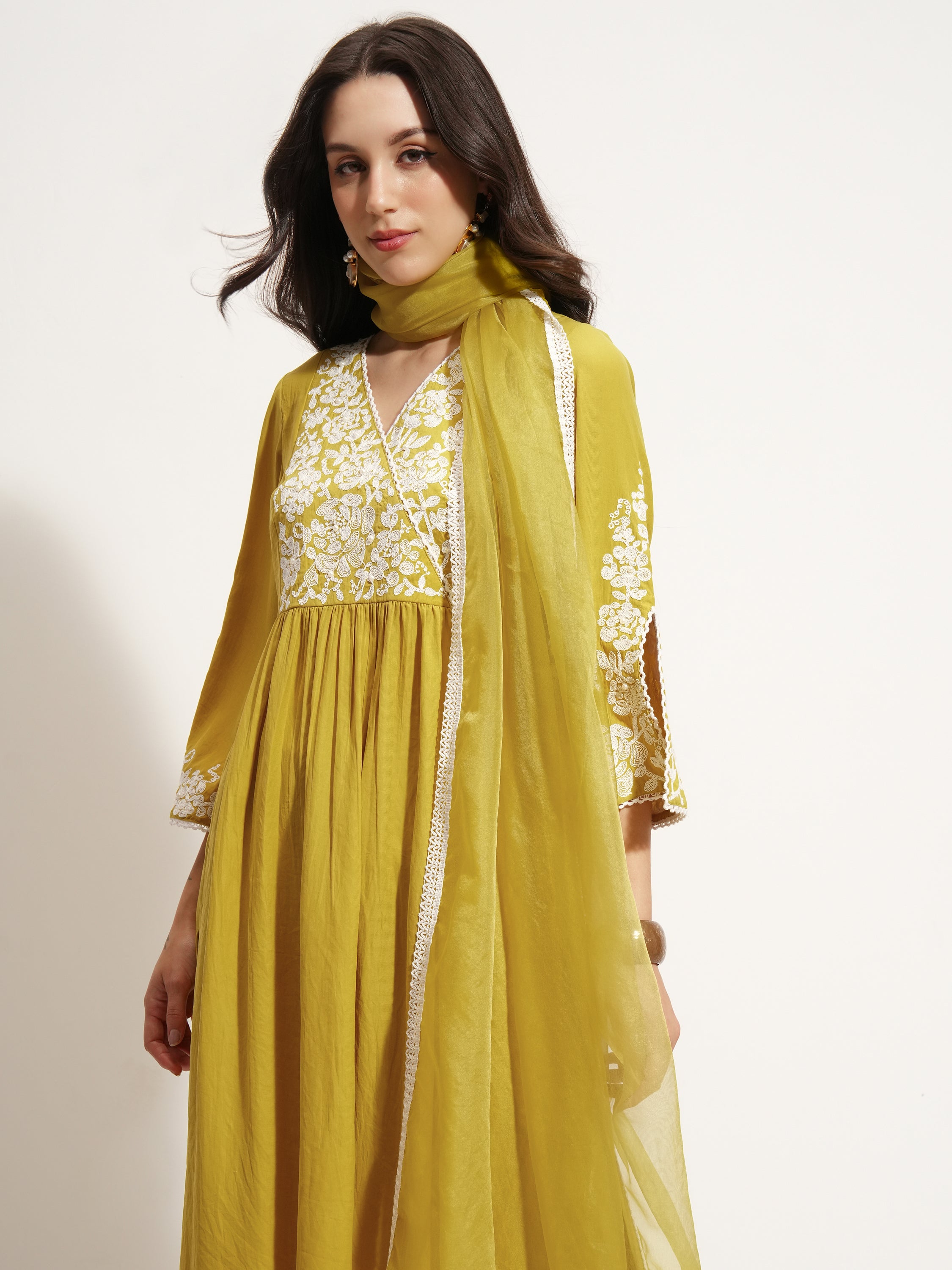 Vishudh Women Mustard Embroidered Kurta With Trouser And Dupatta - Mustard - Image 1