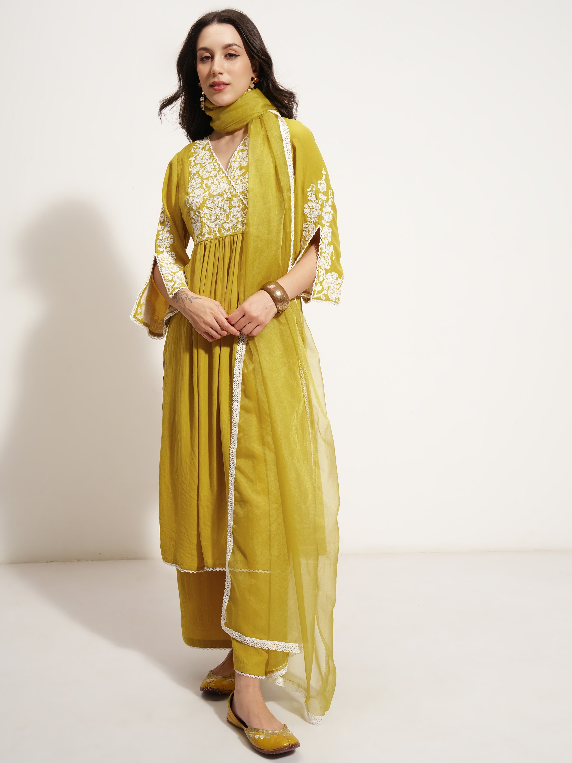Vishudh Women Mustard Embroidered Kurta With Trouser And Dupatta - Mustard - Image 2
