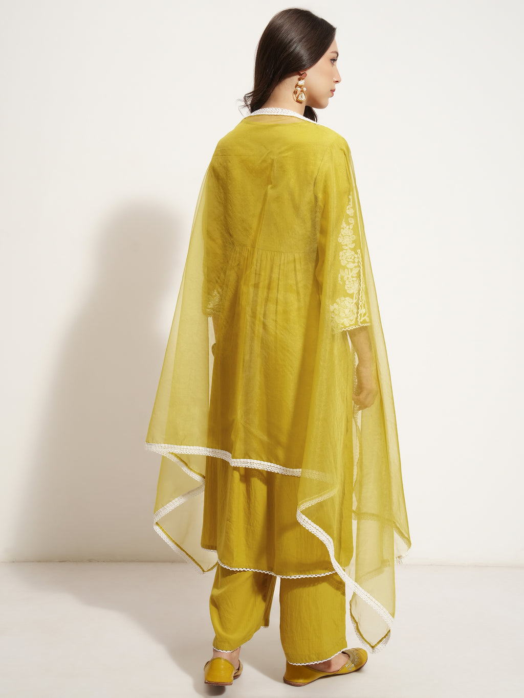 Vishudh Women Mustard Embroidered Kurta With Trouser And Dupatta - Mustard - Image 3
