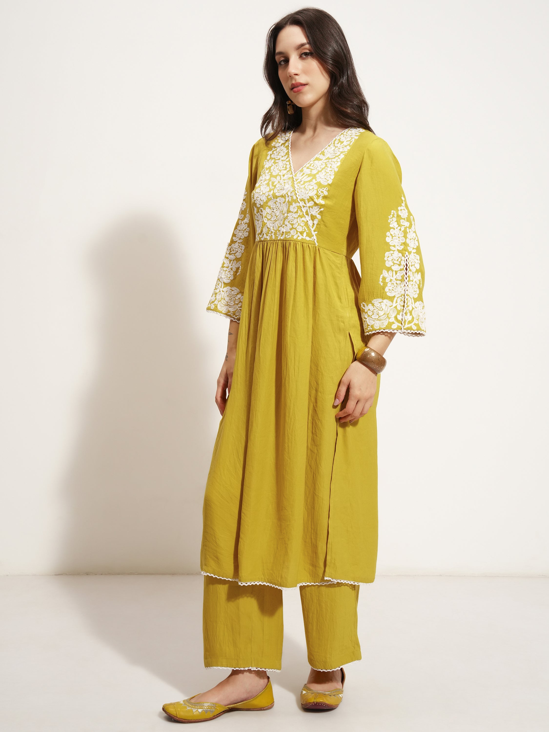 Vishudh Women Mustard Embroidered Kurta With Trouser And Dupatta - Mustard - Image 4
