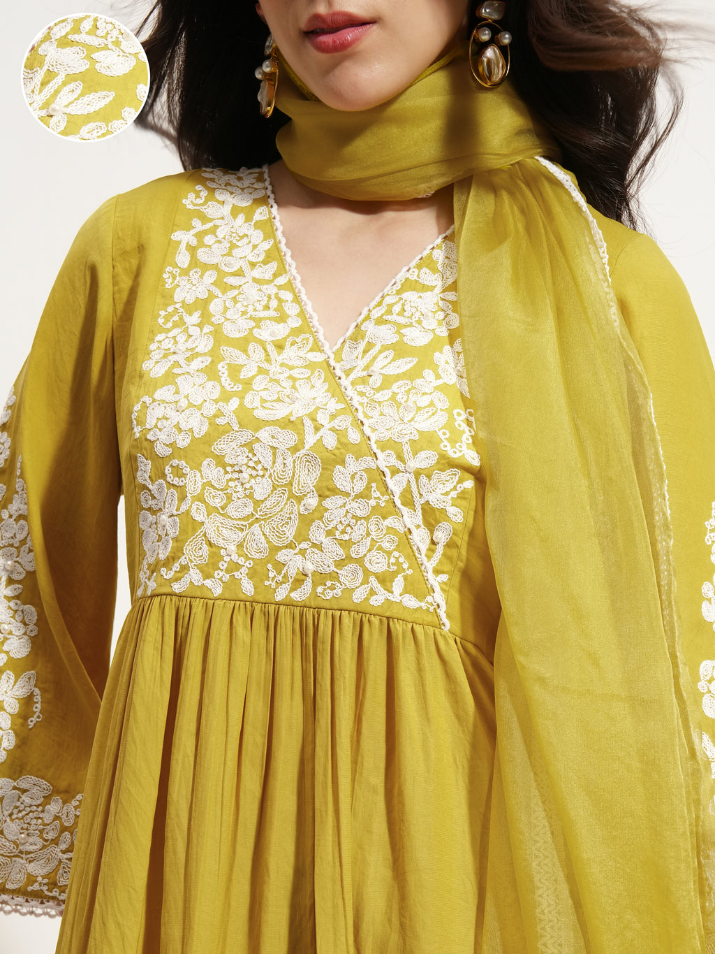 Vishudh Women Mustard Embroidered Kurta With Trouser And Dupatta - Mustard - Image 5