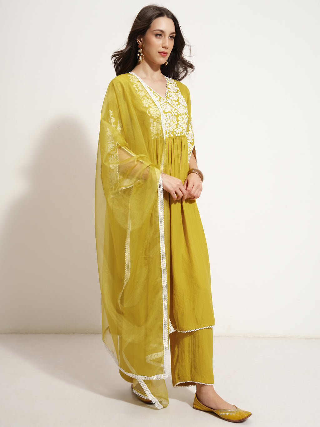 Vishudh Women Mustard Embroidered Kurta With Trouser And Dupatta - Mustard - Image 6