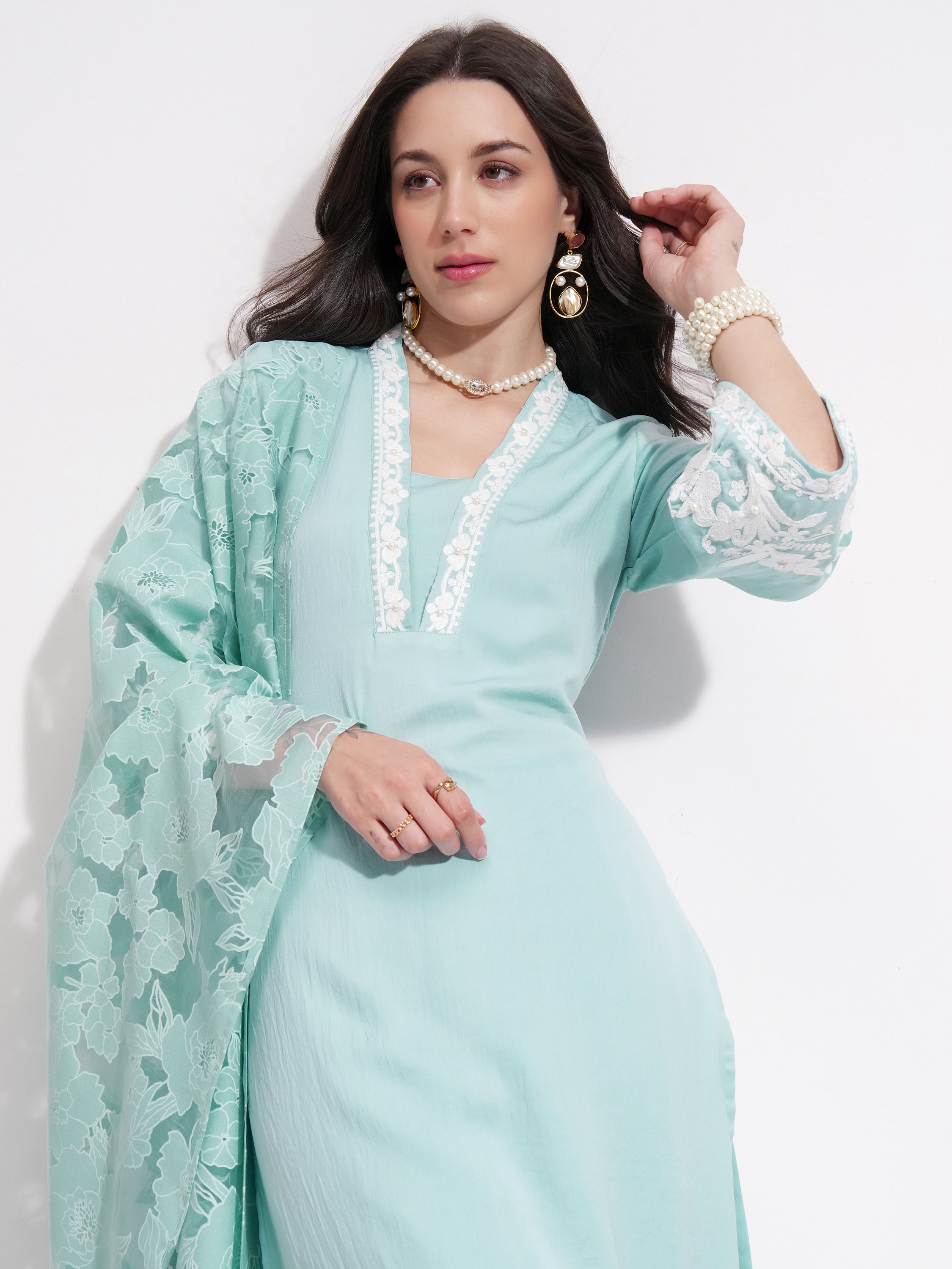 Vishudh Women Blue Embroidered Kurta With Trouser And Dupatta - Blue - Image 1