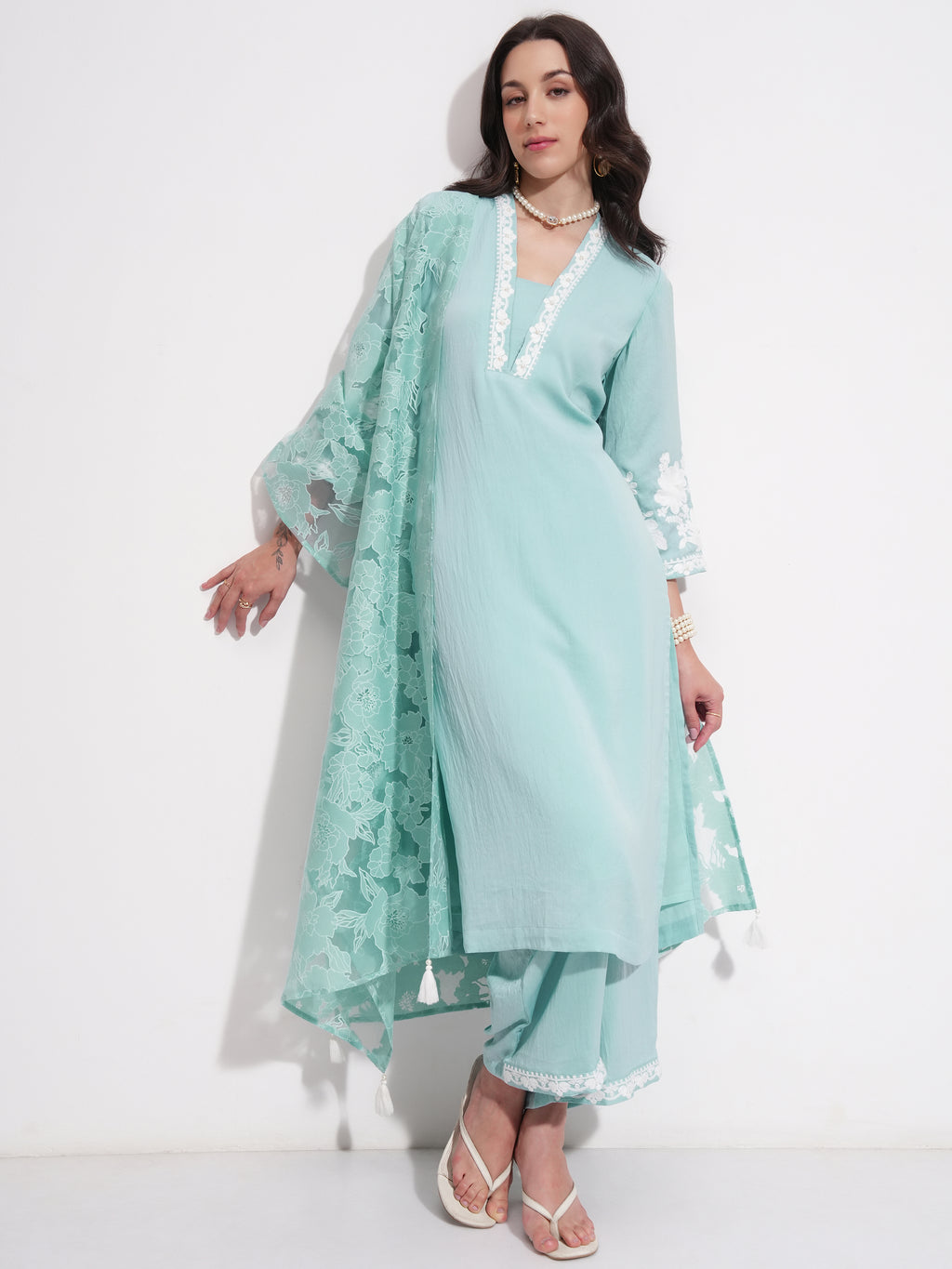 Vishudh Women Blue Embroidered Kurta With Trouser And Dupatta - Blue - Image 2