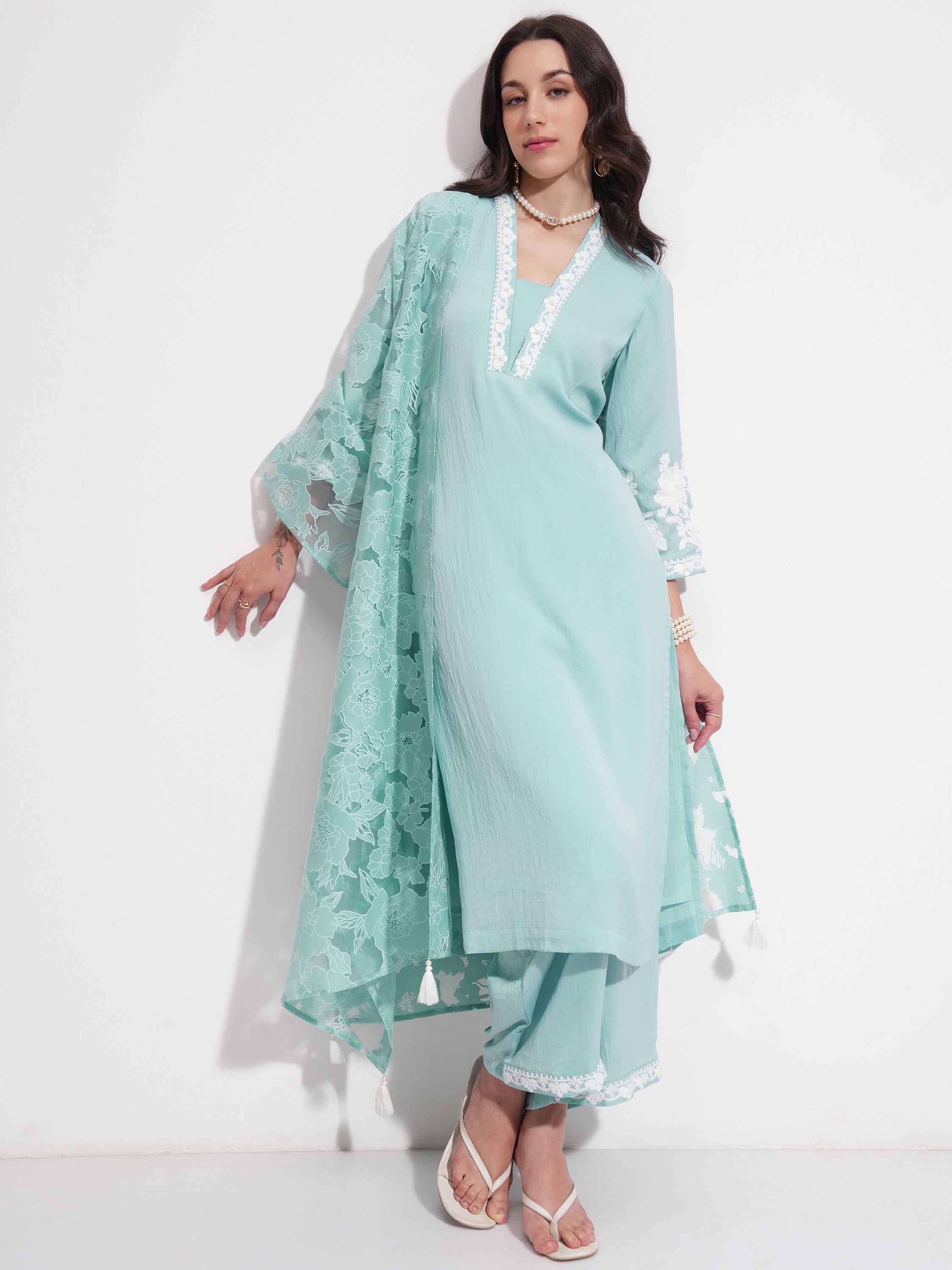 Vishudh Women Blue Embroidered Kurta With Trouser And Dupatta - Blue - Image 2