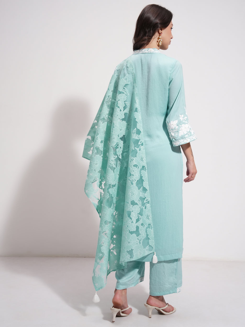 Vishudh Women Blue Embroidered Kurta With Trouser And Dupatta - Blue - Image 3