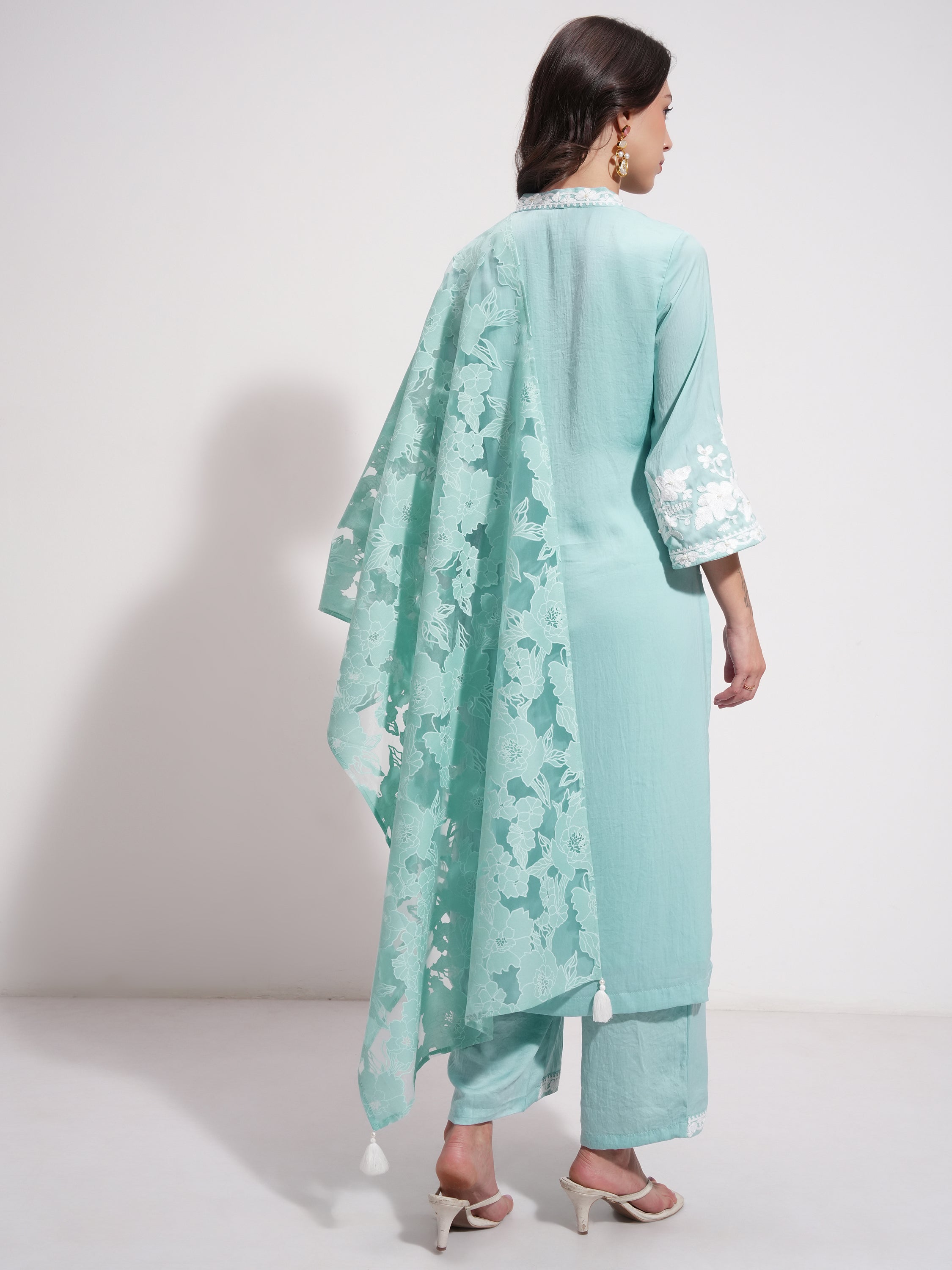 Vishudh Women Blue Embroidered Kurta With Trouser And Dupatta - Blue - Image 3
