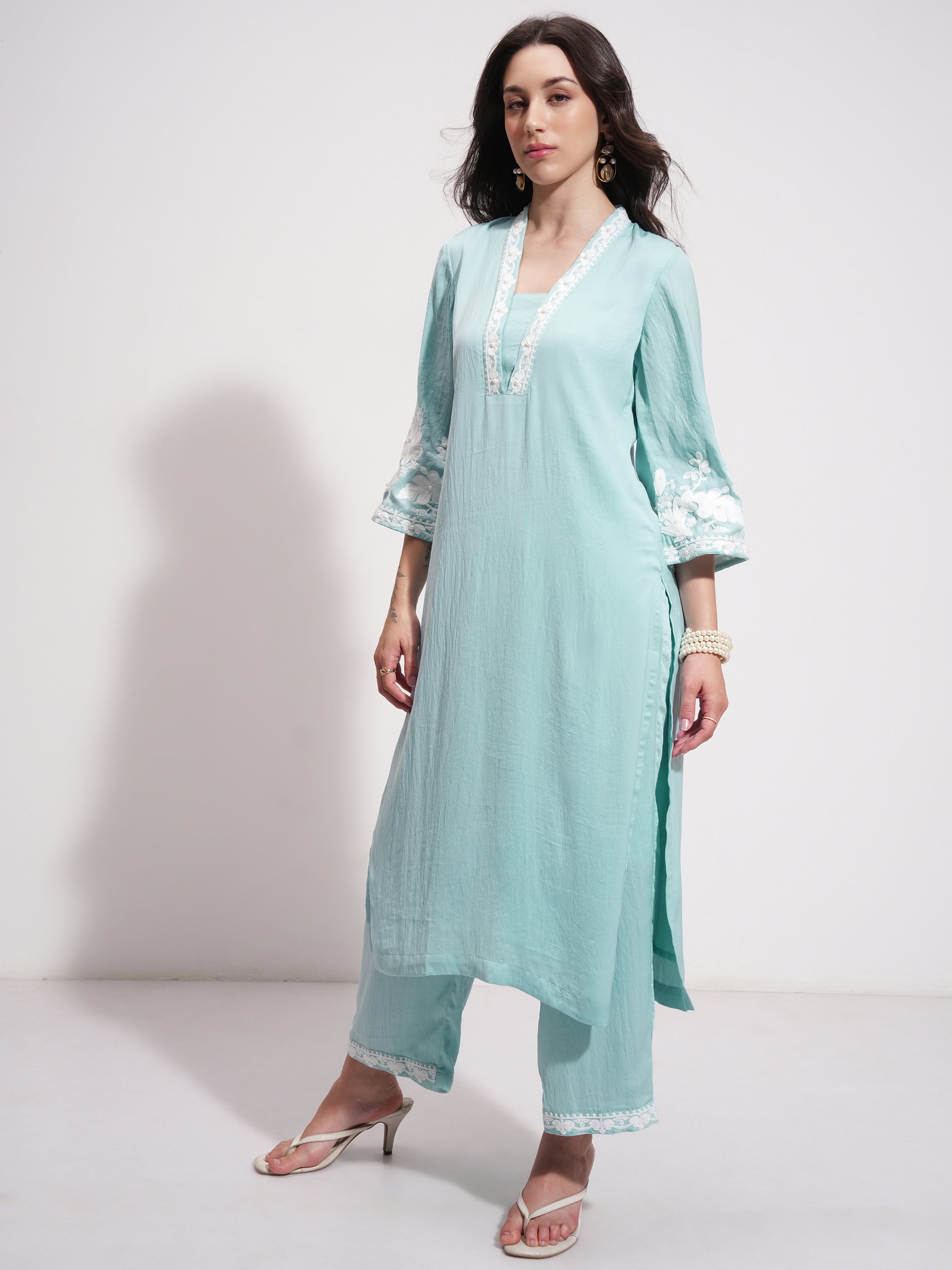 Vishudh Women Blue Embroidered Kurta With Trouser And Dupatta - Blue - Image 4
