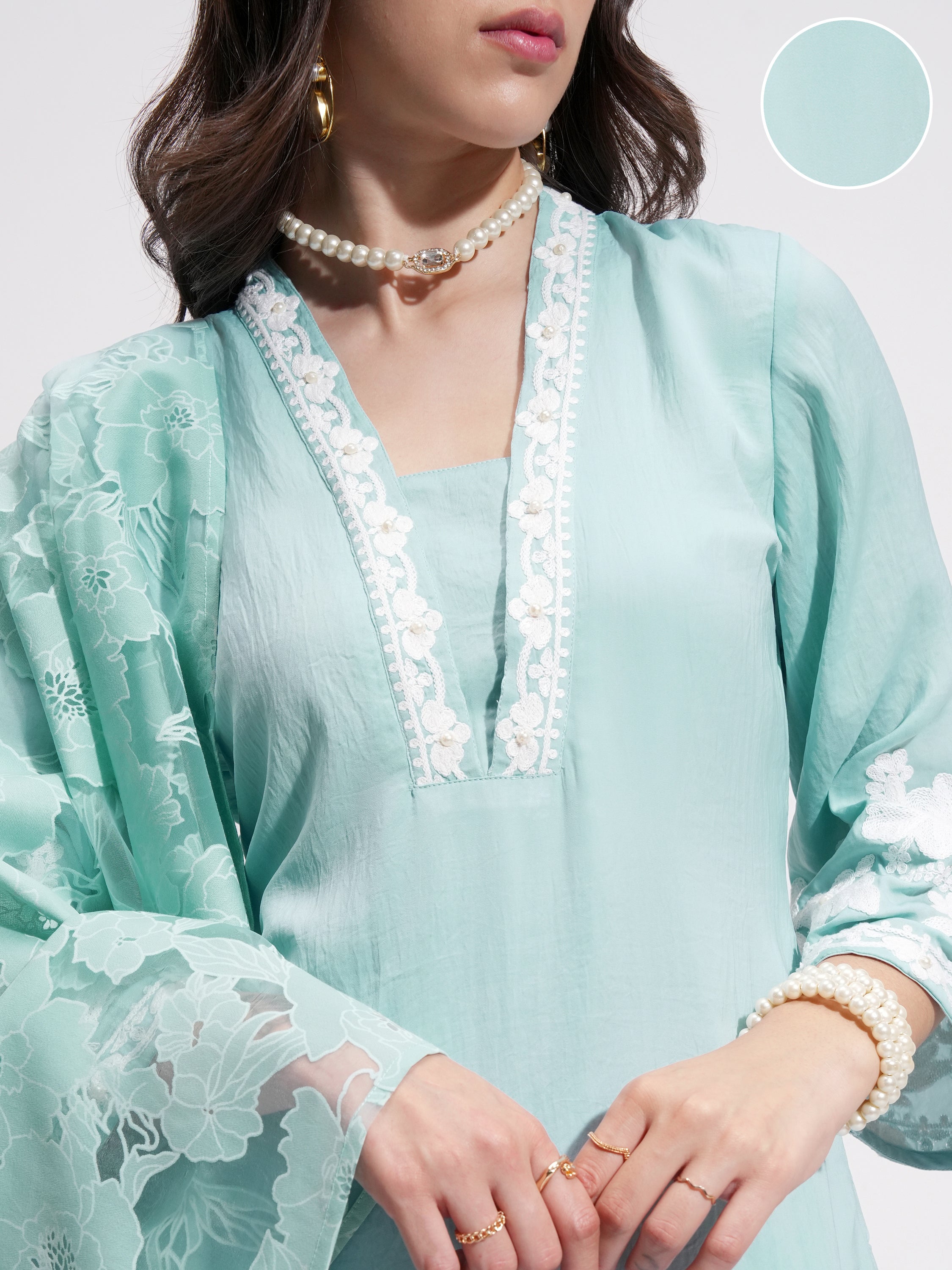 Vishudh Women Blue Embroidered Kurta With Trouser And Dupatta - Blue - Image 5