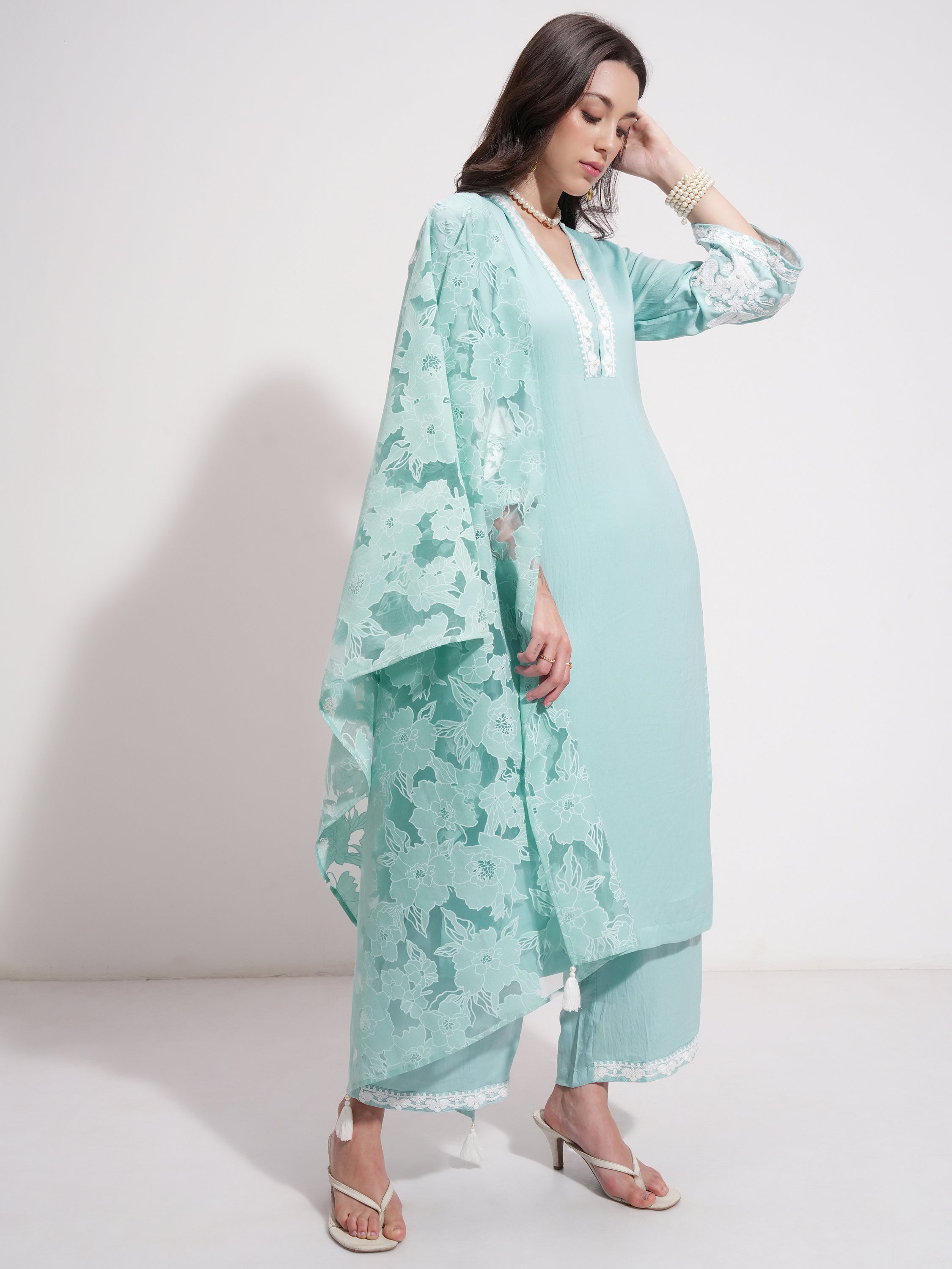 Vishudh Women Blue Embroidered Kurta With Trouser And Dupatta - Blue - Image 6