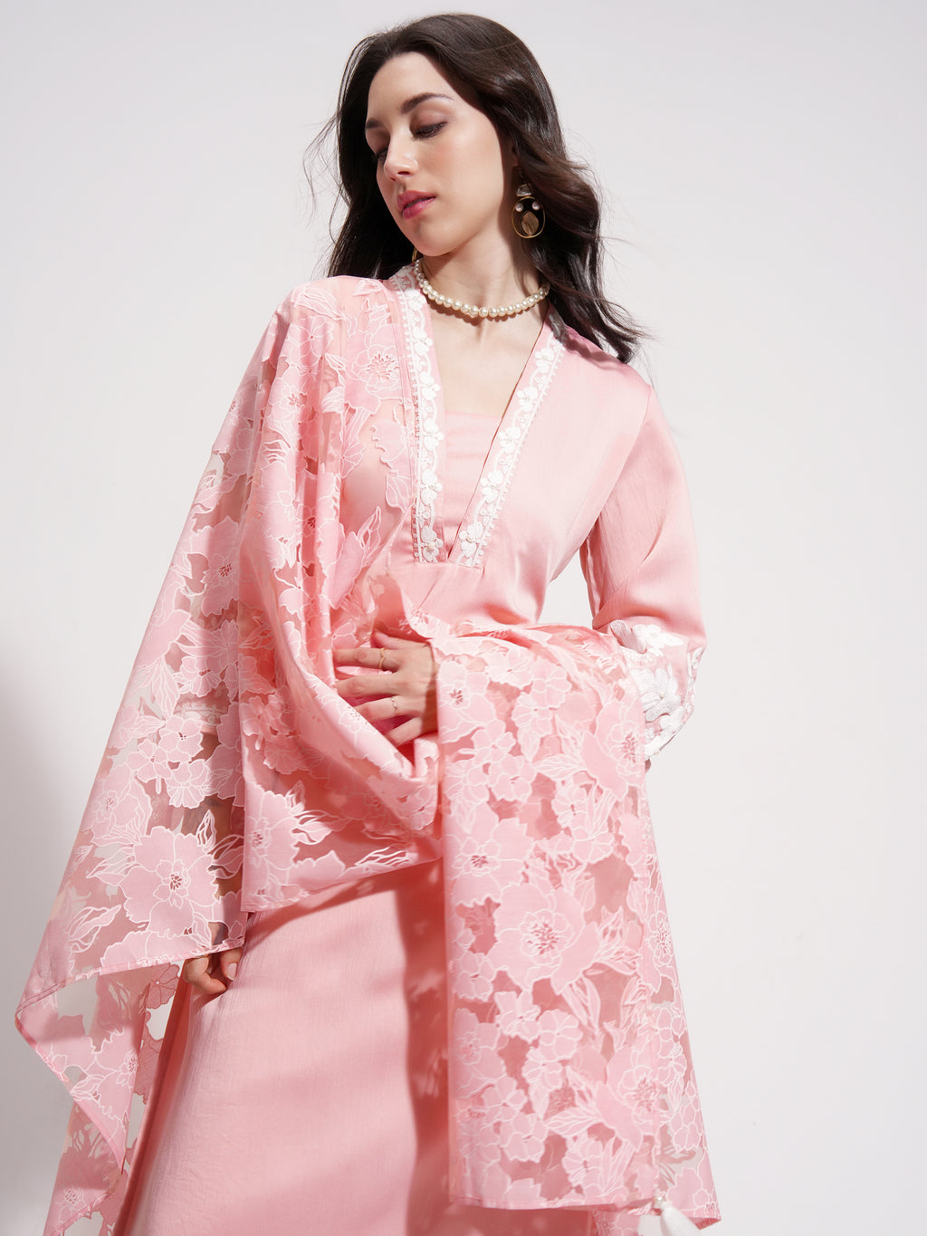 Vishudh Women Pink Embroidered Kurta With Trouser And Dupatta - Pink - Image 1