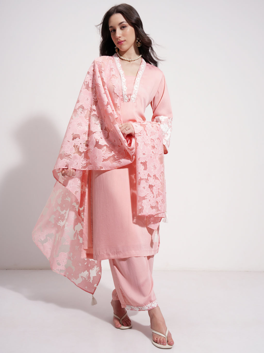 Vishudh Women Pink Embroidered Kurta With Trouser And Dupatta - Pink - Image 2