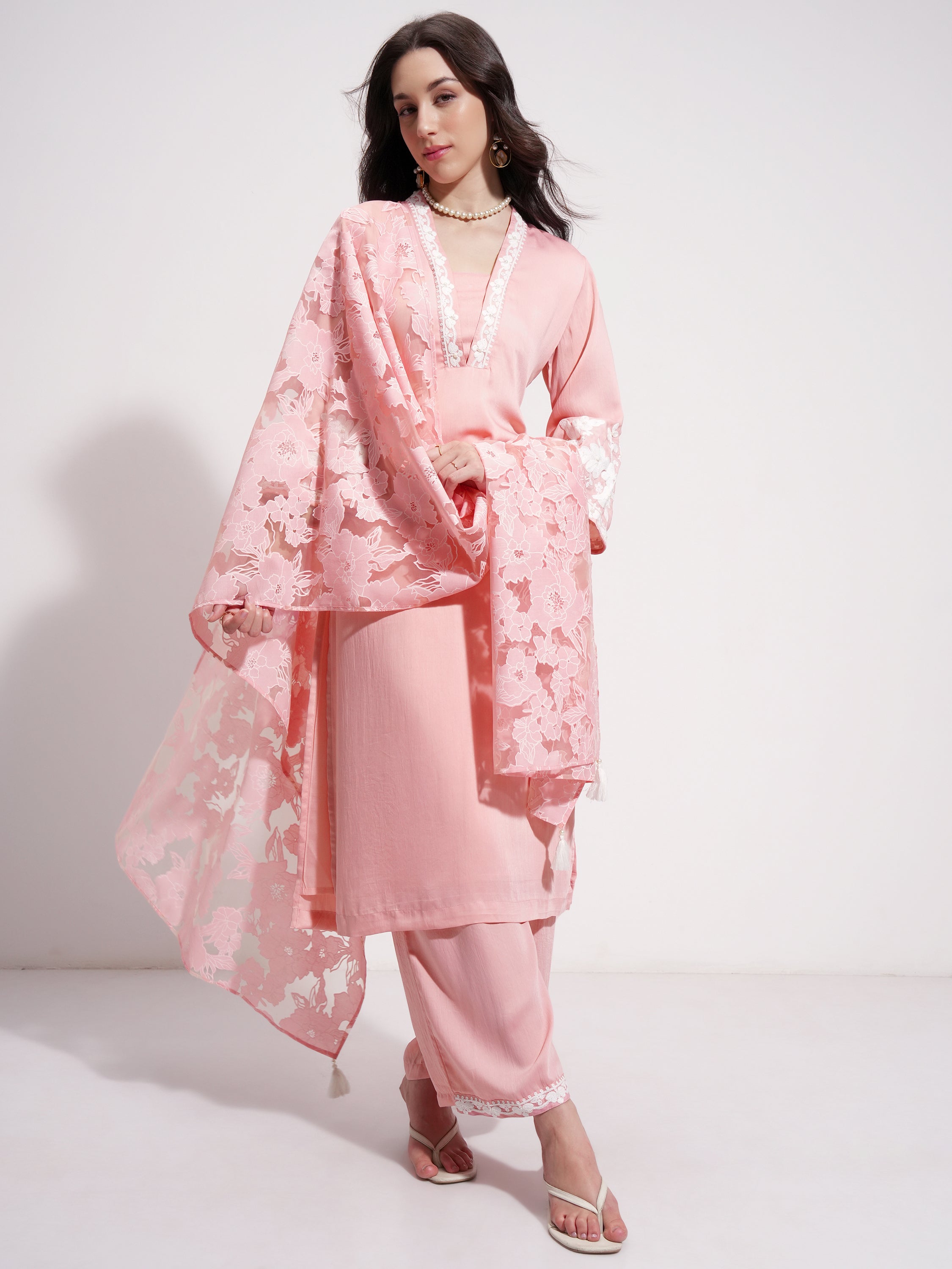 Vishudh Women Pink Embroidered Kurta With Trouser And Dupatta - Pink - Image 2
