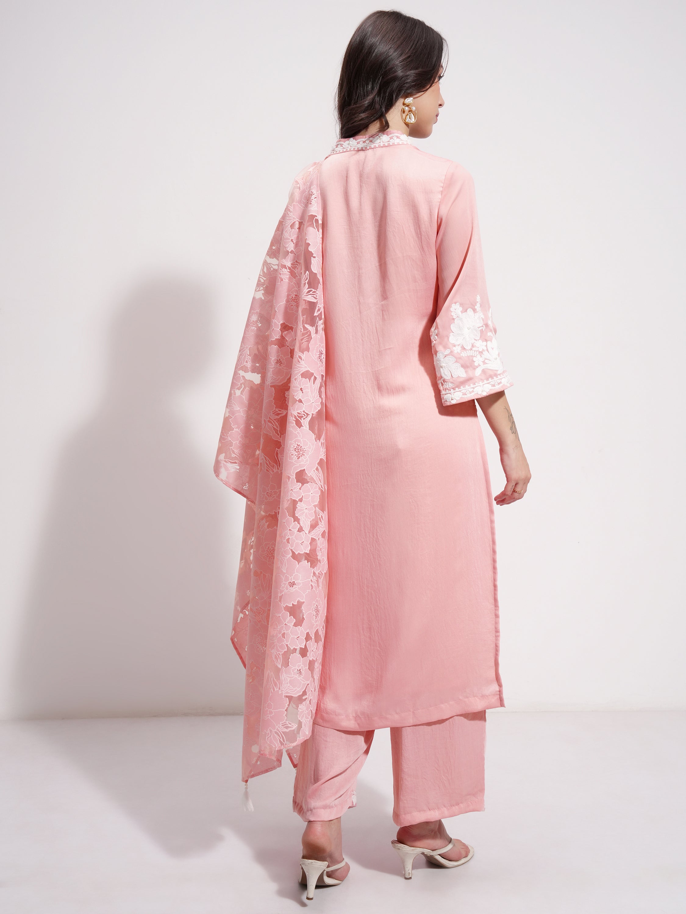 Vishudh Women Pink Embroidered Kurta With Trouser And Dupatta - Pink - Image 3