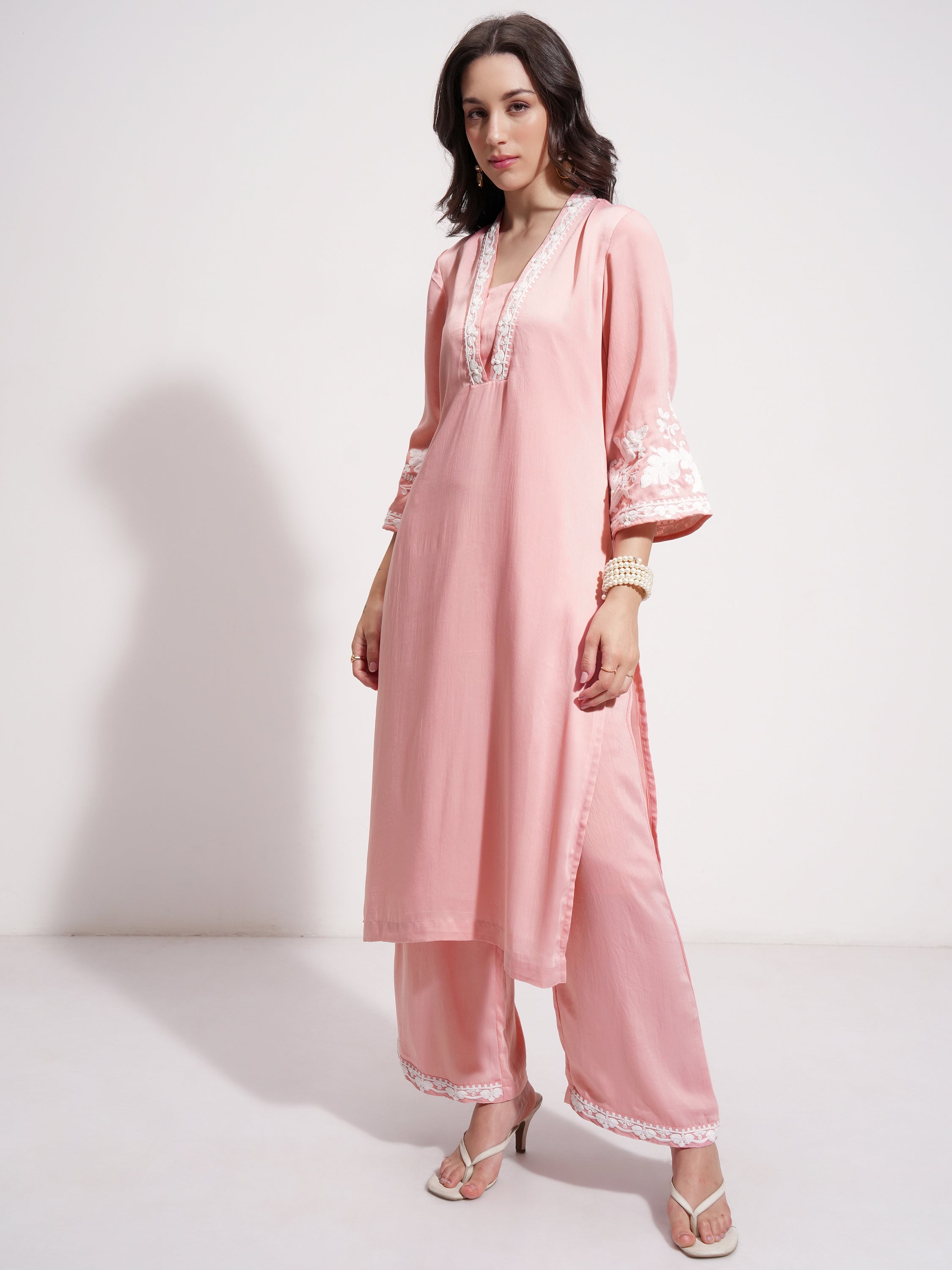 Vishudh Women Pink Embroidered Kurta With Trouser And Dupatta - Pink - Image 4
