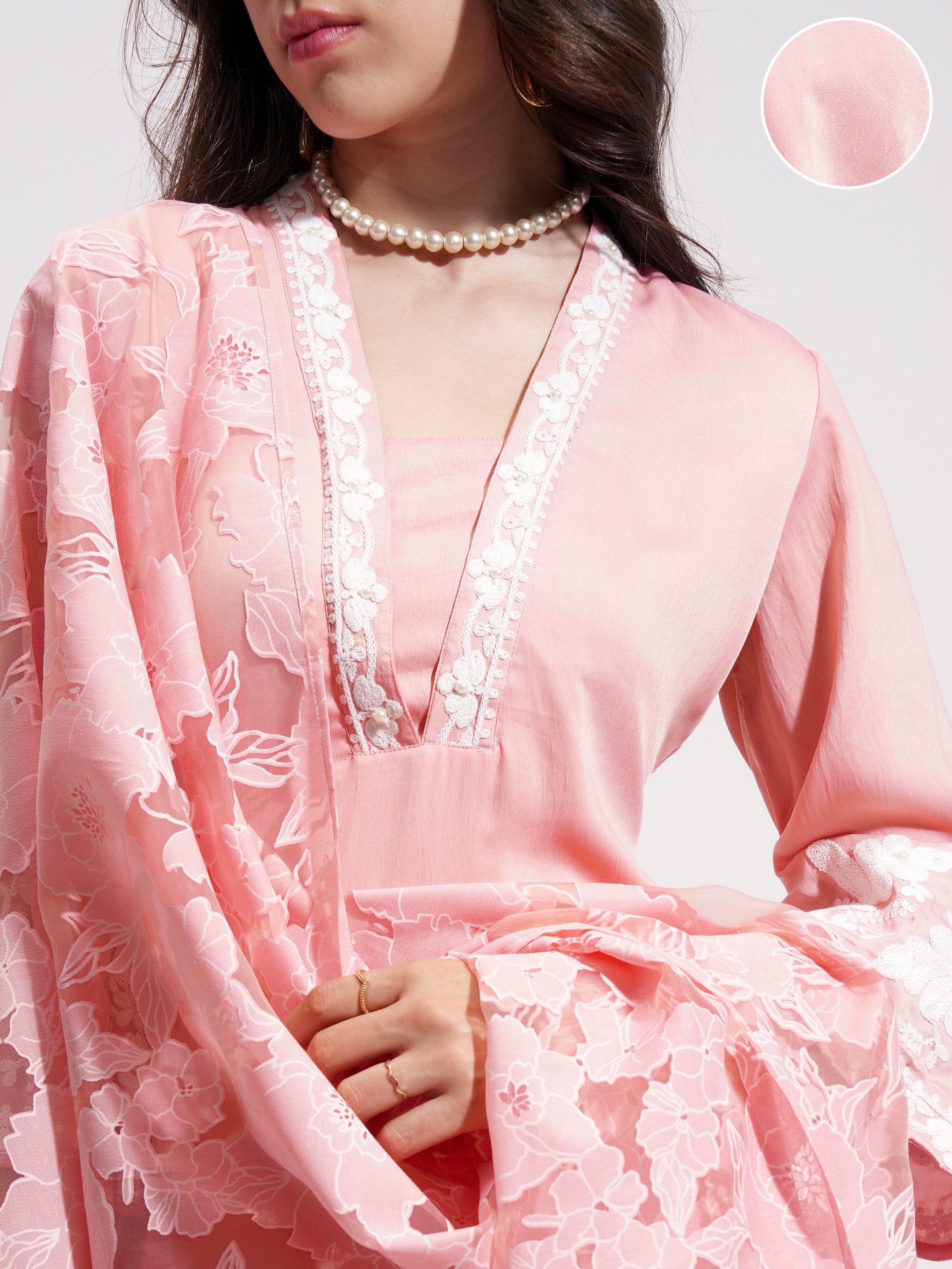 Vishudh Women Pink Embroidered Kurta With Trouser And Dupatta - Pink - Image 5