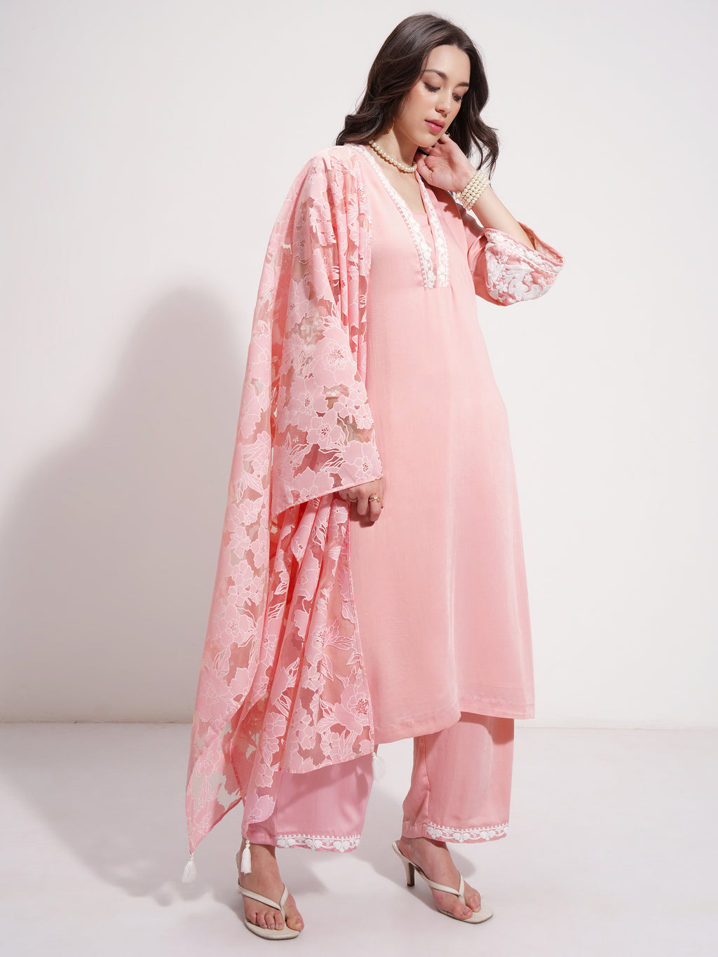 Vishudh Women Pink Embroidered Kurta With Trouser And Dupatta - Pink - Image 6