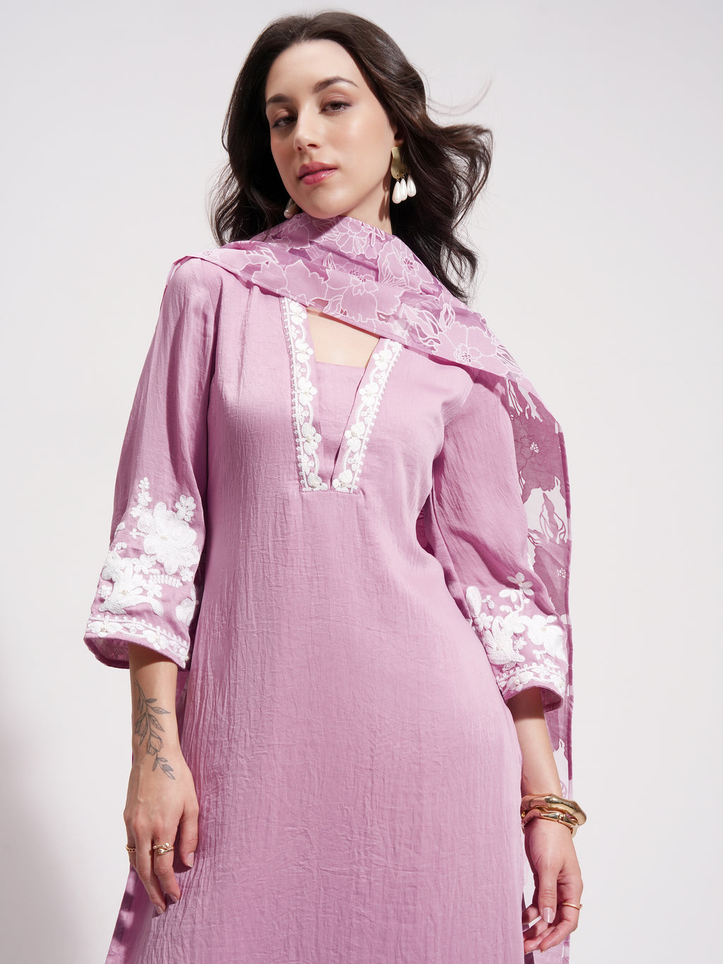Vishudh Women Purple Embroidered Kurta With Trouser And Dupatta - Purple - Image 1