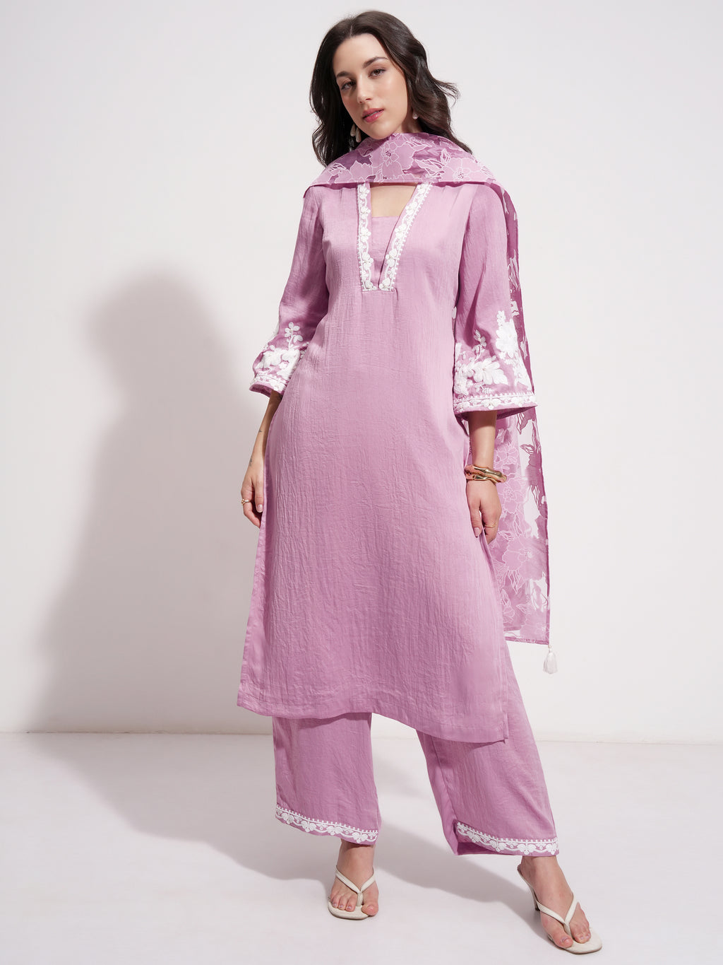Vishudh Women Purple Embroidered Kurta With Trouser And Dupatta - Purple - Image 2