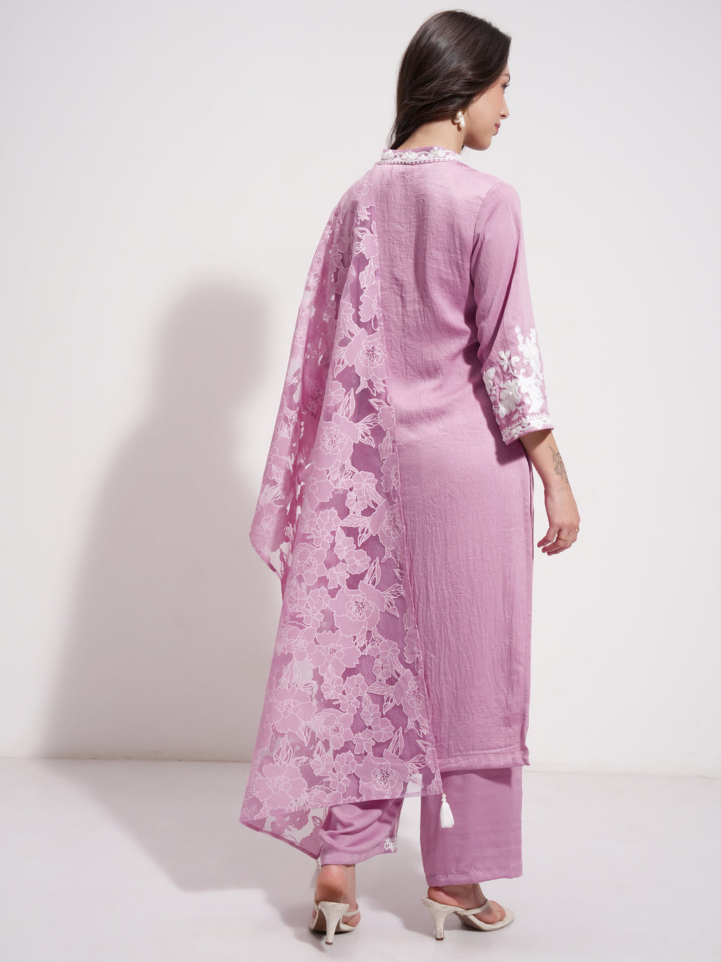 Vishudh Women Purple Embroidered Kurta With Trouser And Dupatta - Purple - Image 3