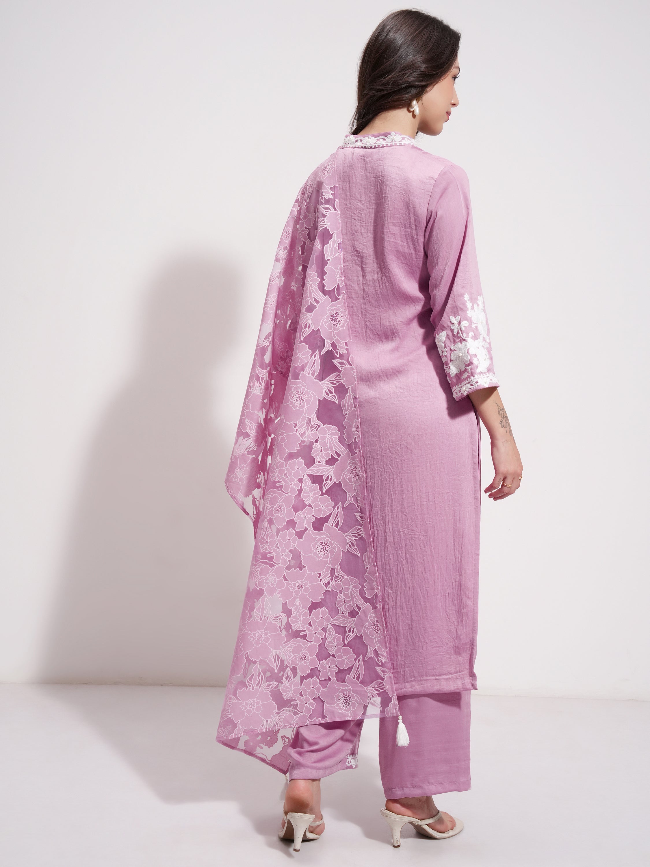 Vishudh Women Purple Embroidered Kurta With Trouser And Dupatta - Purple - Image 3