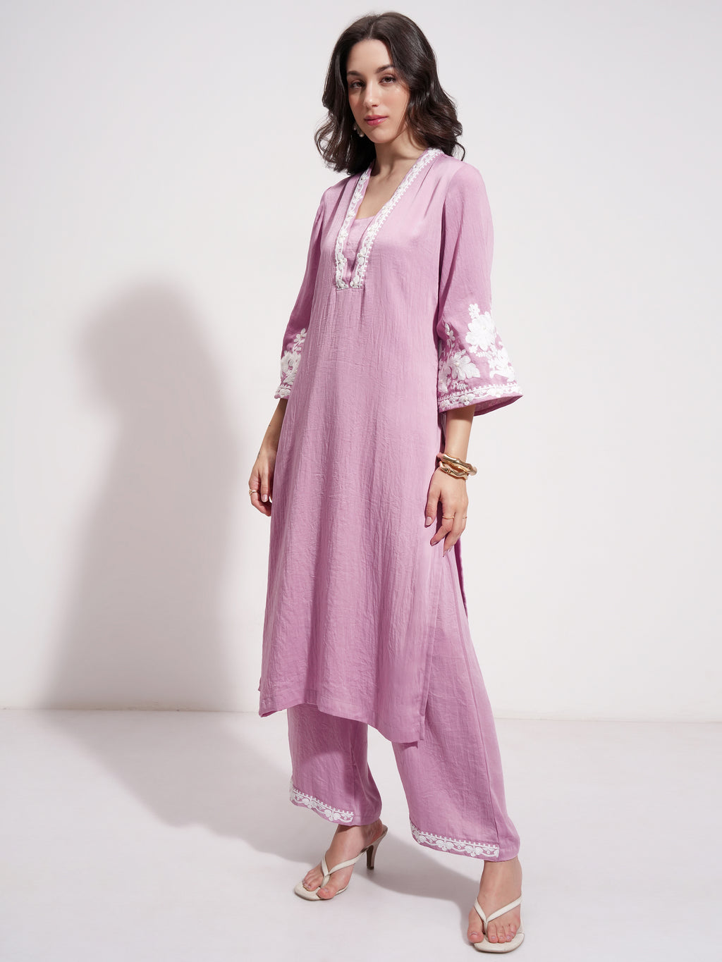 Vishudh Women Purple Embroidered Kurta With Trouser And Dupatta - Purple - Image 4