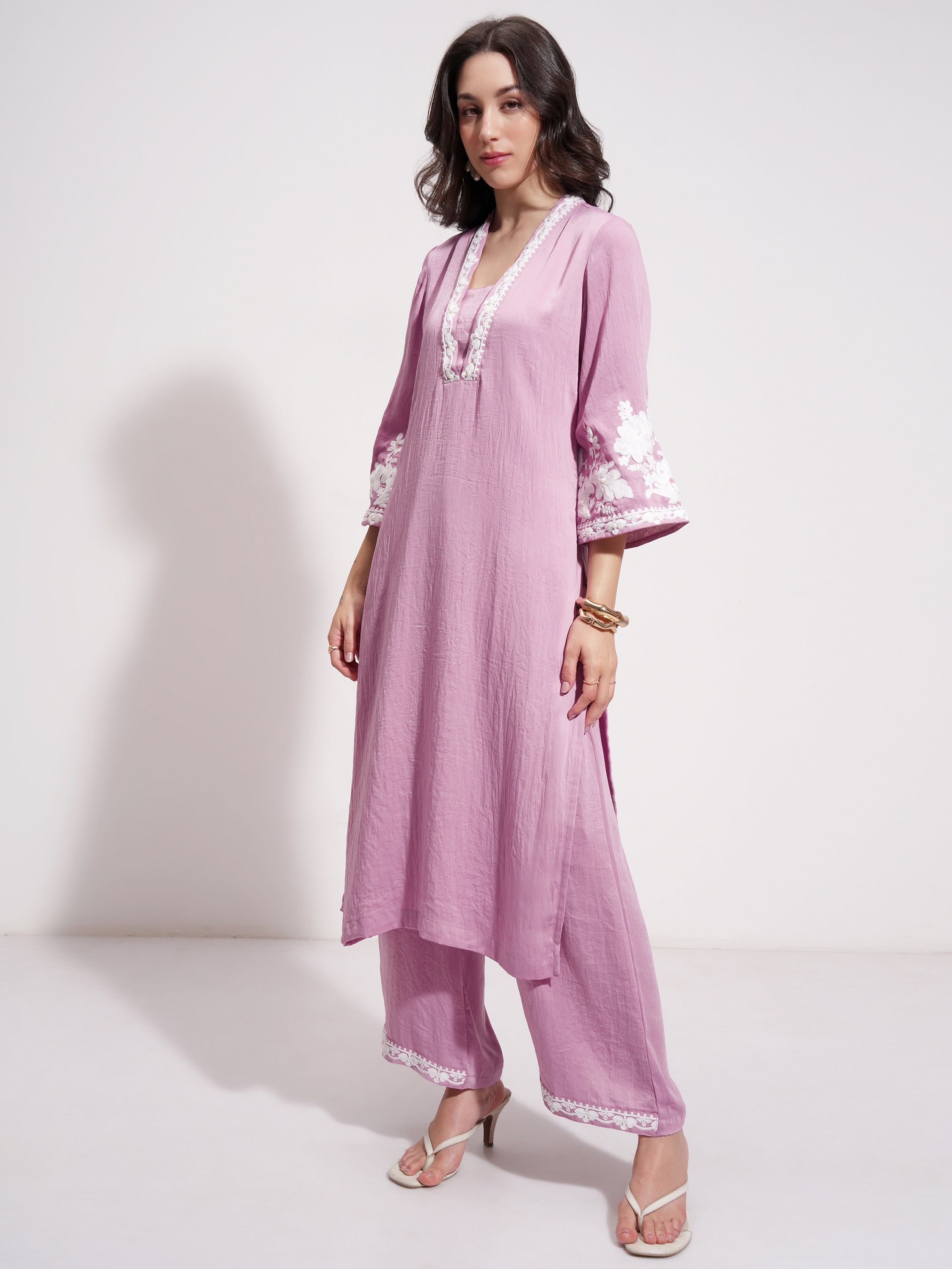 Vishudh Women Purple Embroidered Kurta With Trouser And Dupatta - Purple - Image 4