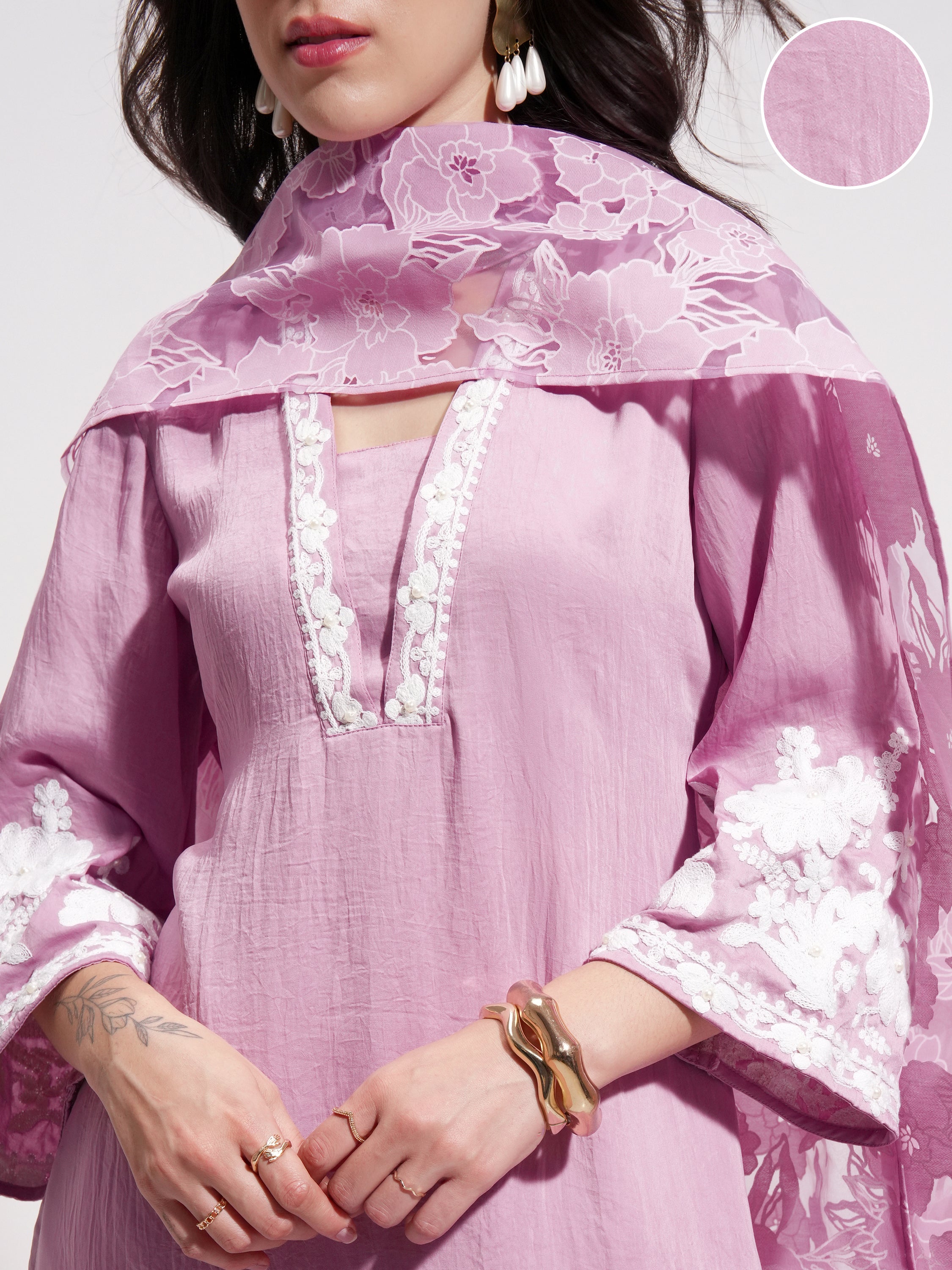 Vishudh Women Purple Embroidered Kurta With Trouser And Dupatta - Purple - Image 5