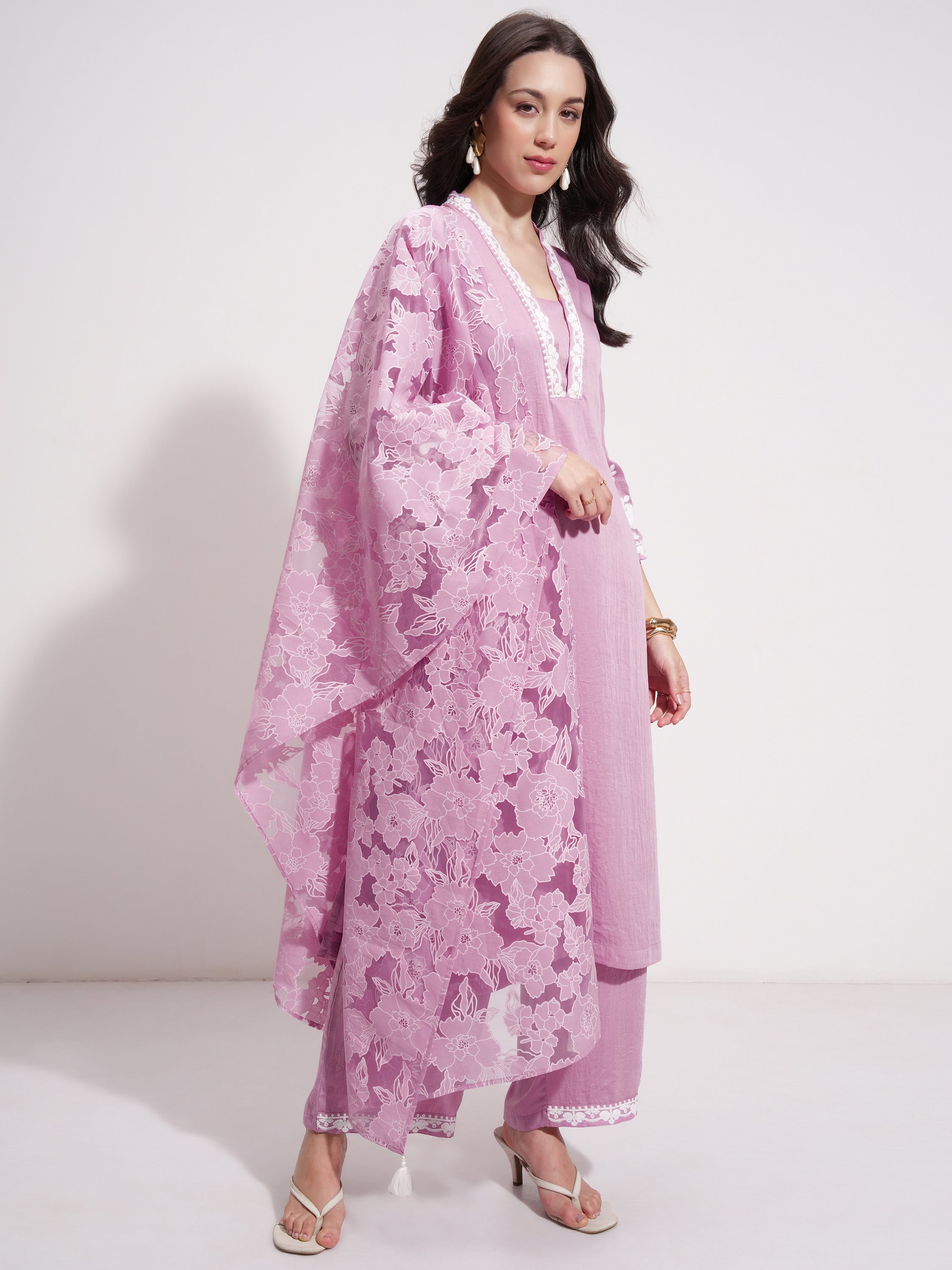 Vishudh Women Purple Embroidered Kurta With Trouser And Dupatta - Purple - Image 6