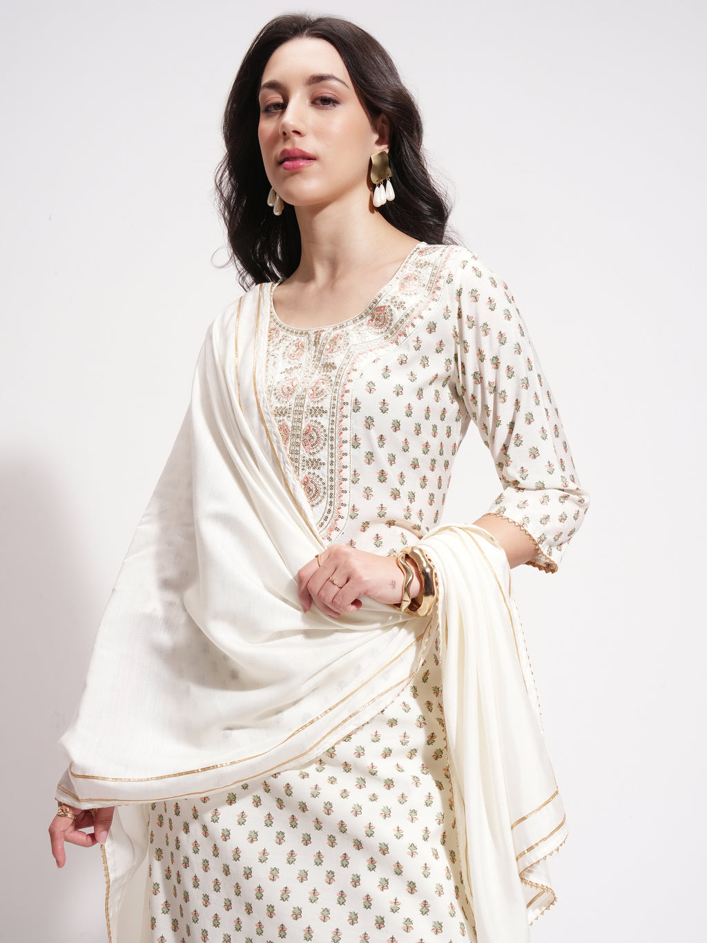 Vishudh Women Off White Printed Kurta With Trouser And Dupatta - Off White - Image 1