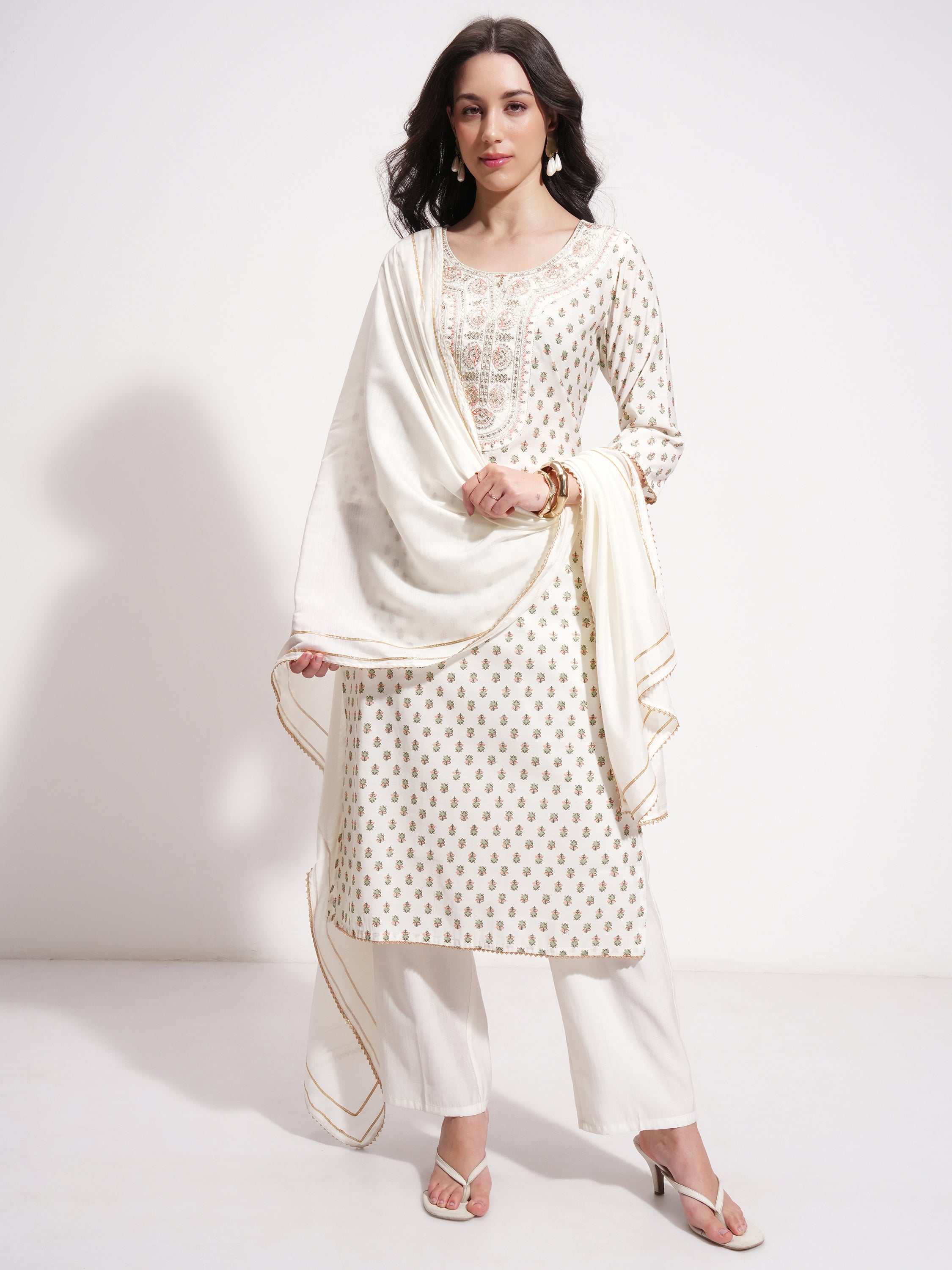 Vishudh Women Off White Printed Kurta With Trouser And Dupatta - Off White - Image 2
