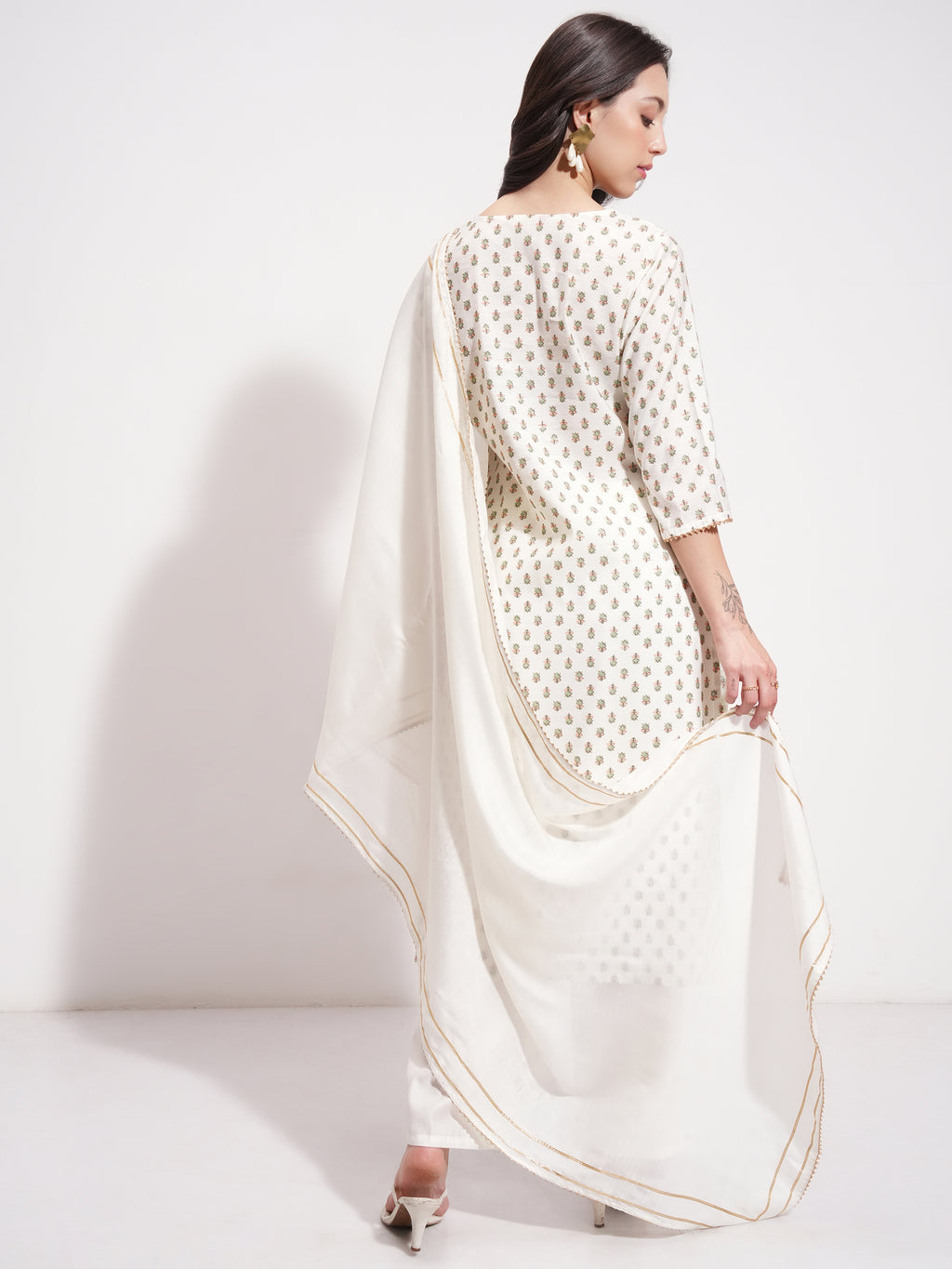 Vishudh Women Off White Printed Kurta With Trouser And Dupatta - Off White - Image 3