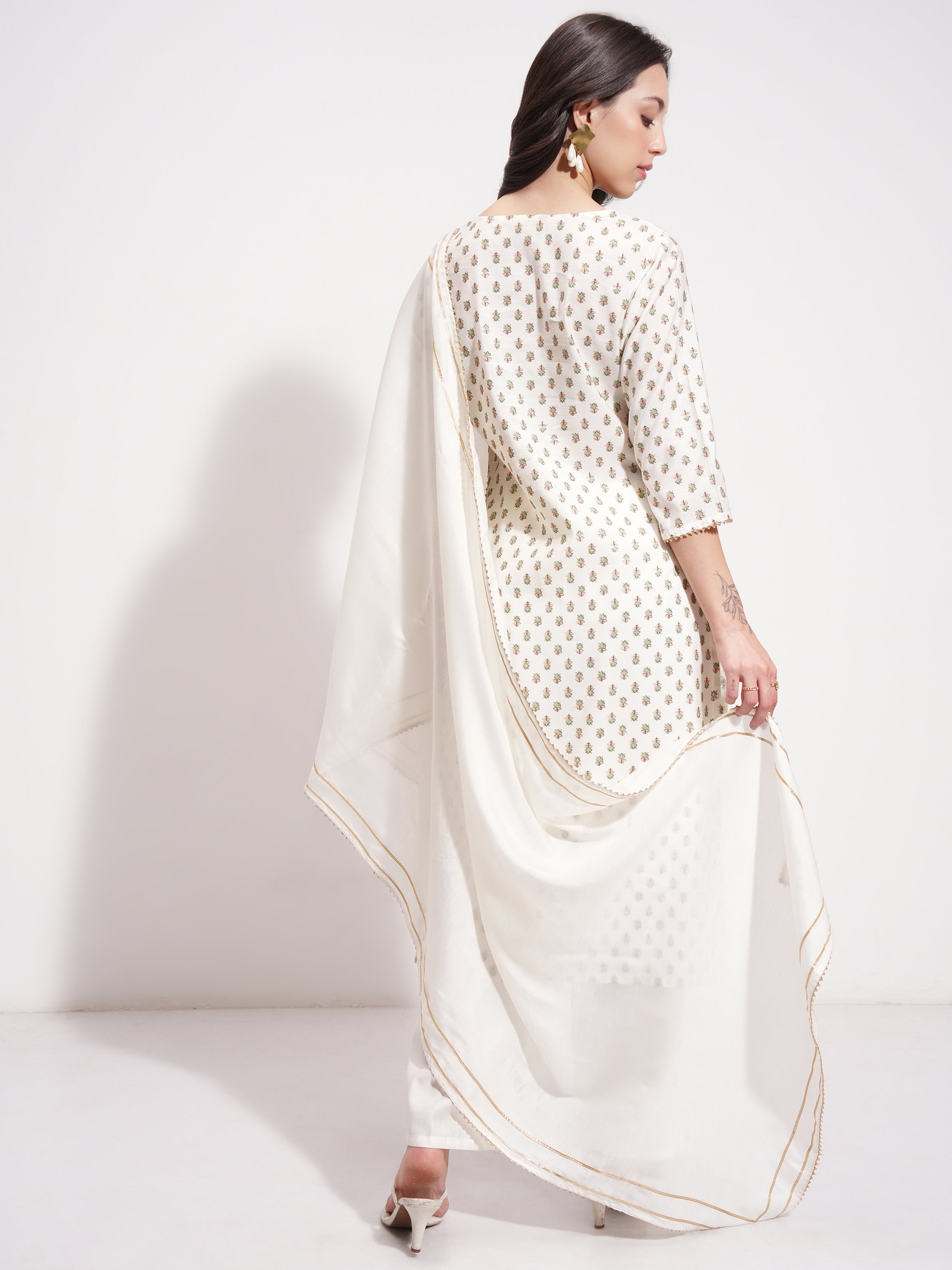Vishudh Women Off White Printed Kurta With Trouser And Dupatta - Off White - Image 3