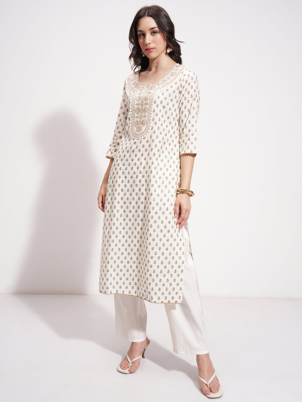 Vishudh Women Off White Printed Kurta With Trouser And Dupatta - Off White - Image 4